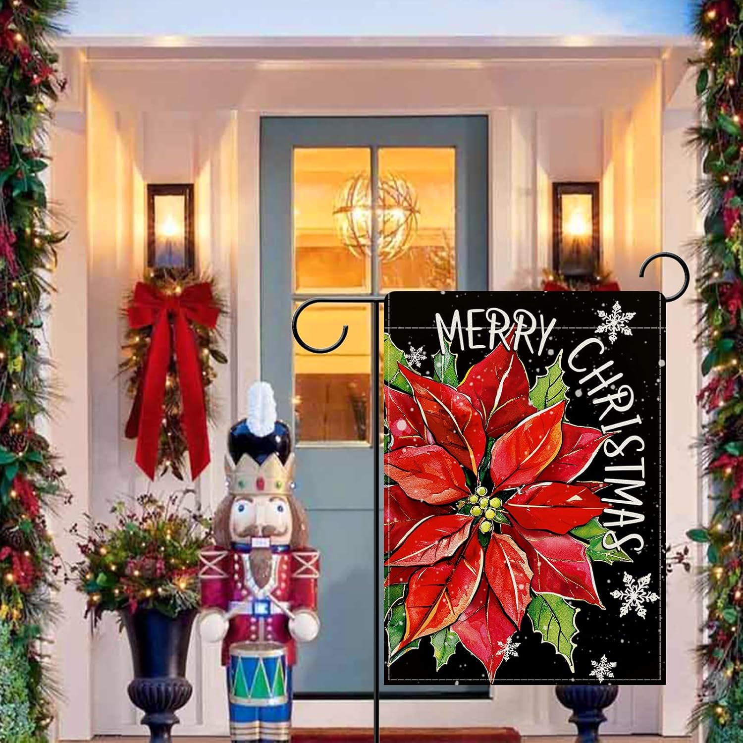 Dyrenson Merry Christmas Poinsettia Flower Decorative Garden Flag, Xmas Floral Snowflake Yard Outside Home Decoration, Winter Holiday Burlap Outdoor Small Decor Double Sided 12 x 18 - Image 5