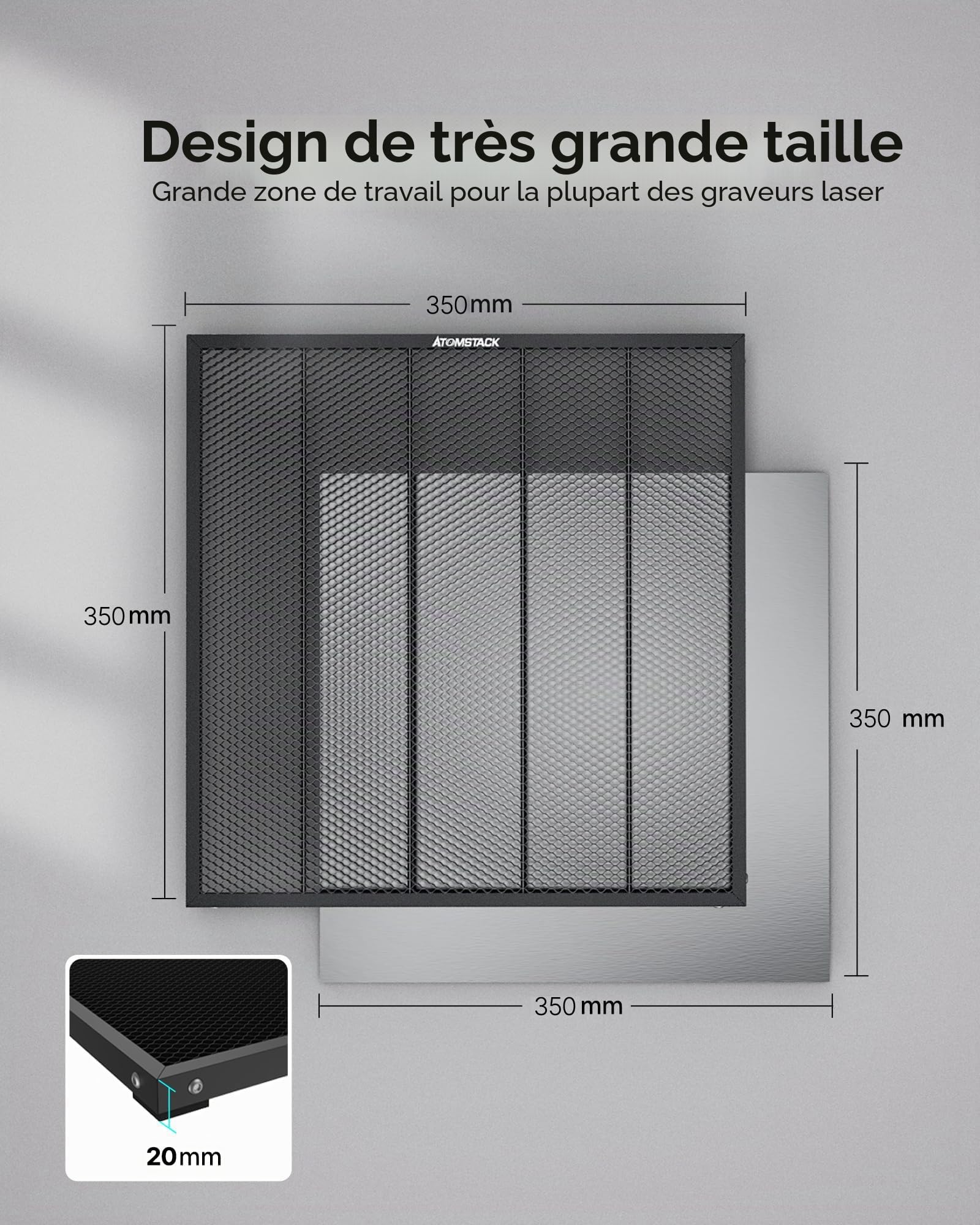 ATOMSTACK F2N Table de Travail Laser en Nid d'abeille 350 * 350 mm Machine de Gravure Laser Ompatible Avec la Plupart des Machines de Dravure Lit de Découpe Pour une Dissipation Rapide de la Chaleur