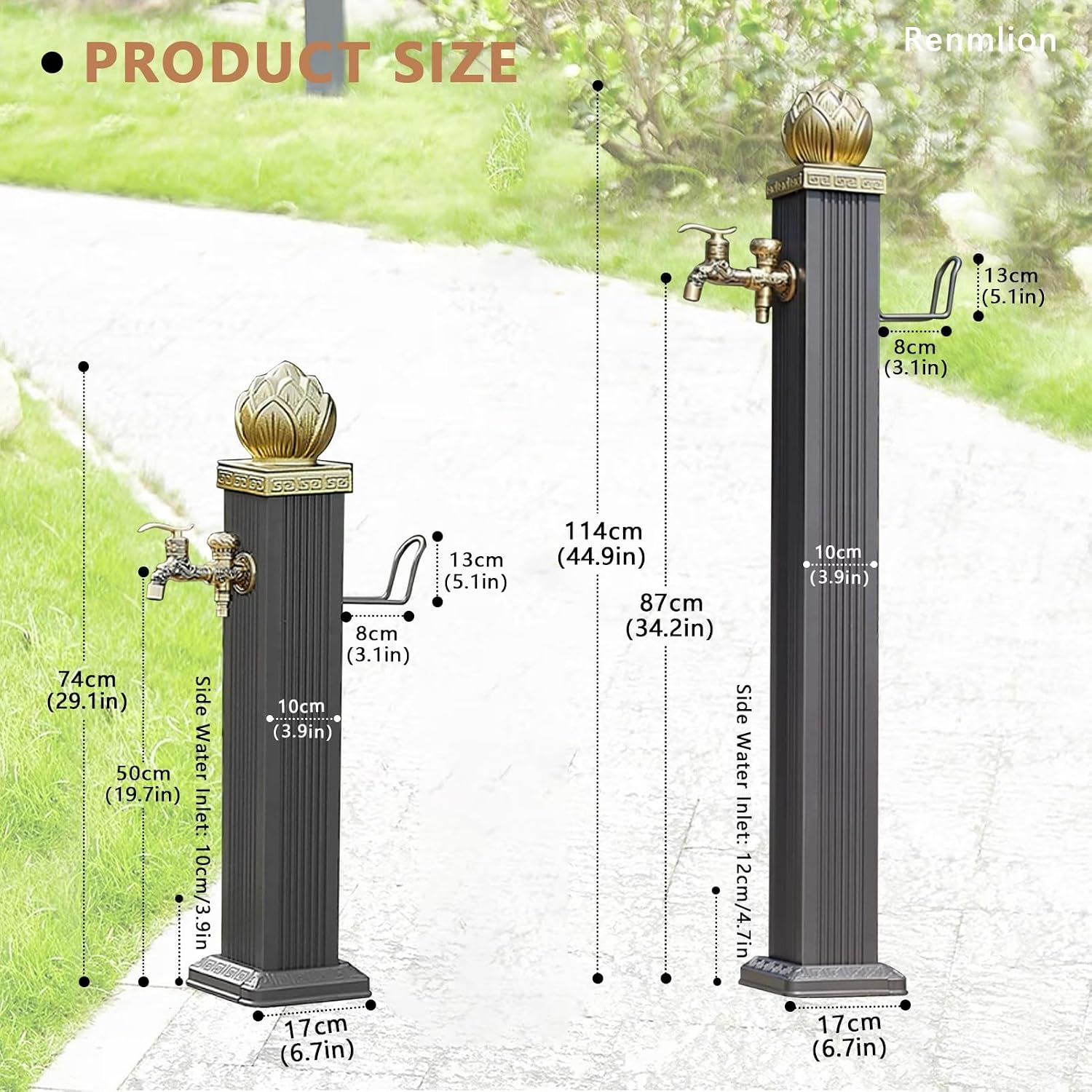 Outdoor Faucet Vertical Garden Water Column，Freestanding Floor Mounted Hydrant Water Tap with Hose Stand Decorative Water Feature Fountain Faucet Column(Height 114cm/44.9in)