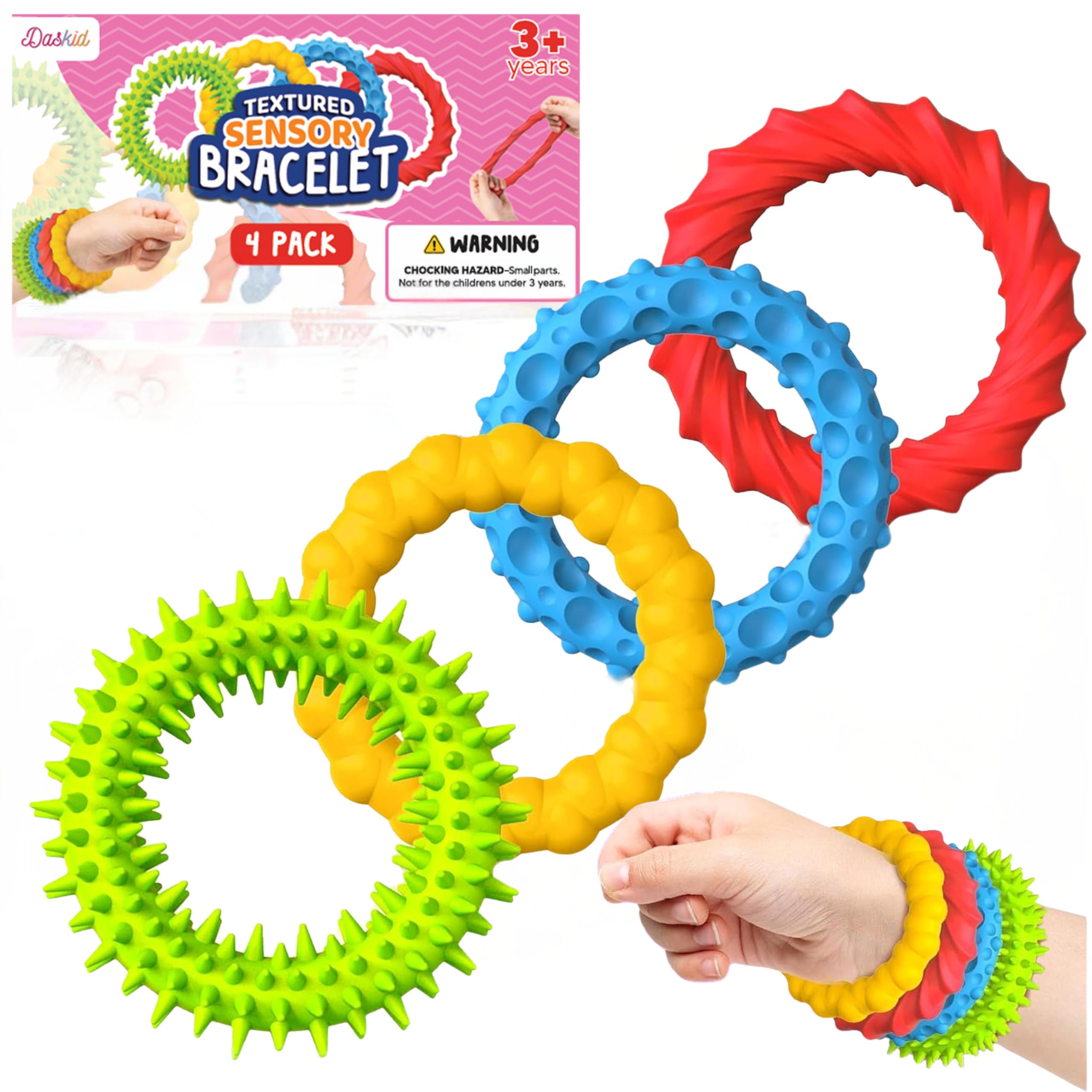 4PCS Fidget Sensory Bracelets |Stretchy Anxiety & Stress Relief Wristbands Toys for Autism + ADHD, Emotion Worry, Focus, Relax & Sensory Stimulation ,Classroom Fidget Rubber Toys for Kids & Adults