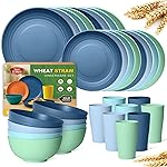 Teivio 32-Piece Kitchen Plastic Wheat Straw Dinnerware Set, Service for 8, Dinner Plates, Dessert Plate, Cereal Bowls, Cups, Unbreakable Colorful Plastic Outdoor Camping Dishes, Sky Multicolor