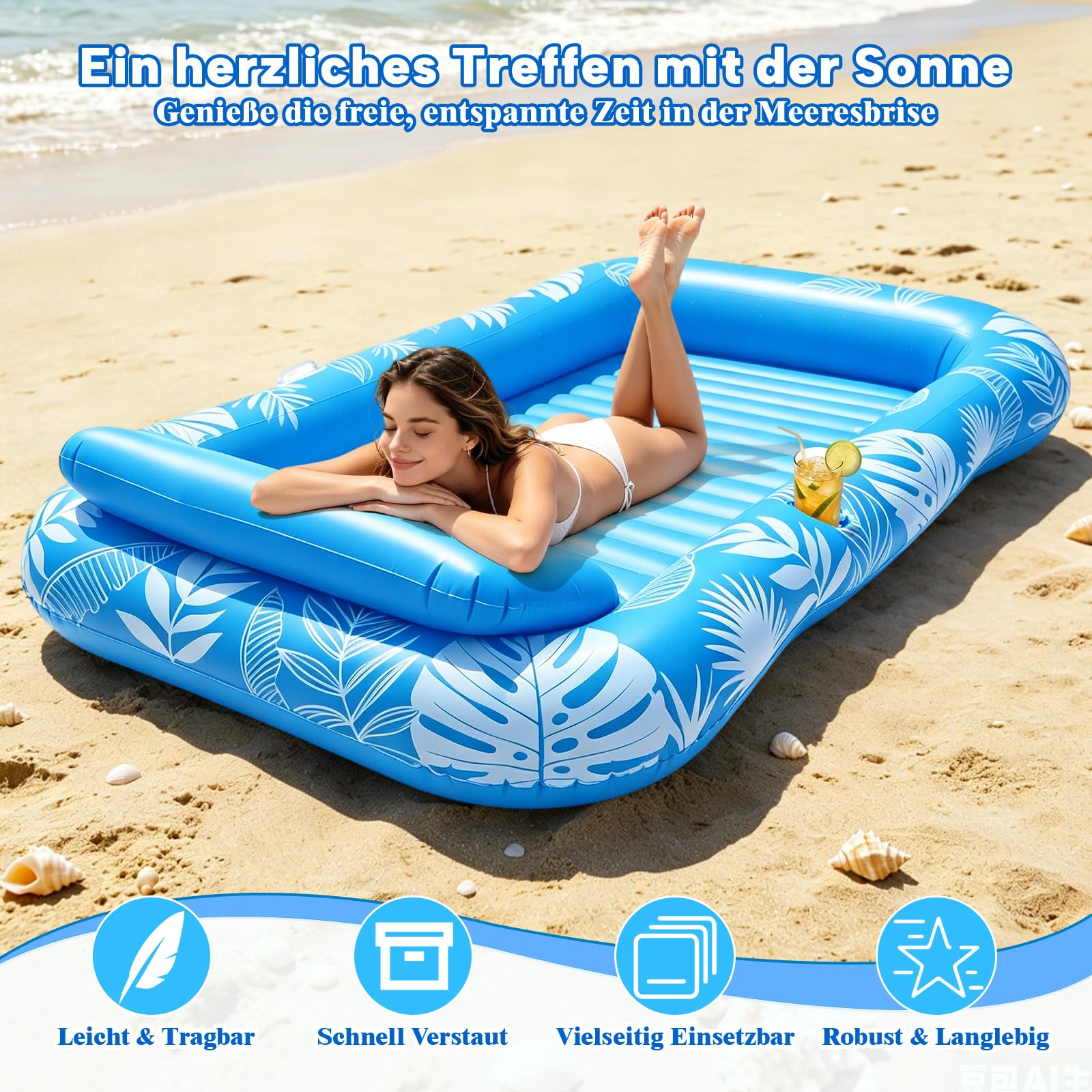 Tanning Pool mit Eingebautem Sprinkler, Luftmatratze Schwimminsel mit Getränkehalter, Griff und Rückenlehne, Amphibisch Luftmatratze Wasser Erwachsene Geeignet für Schwimmbäder, Strände, Gärten