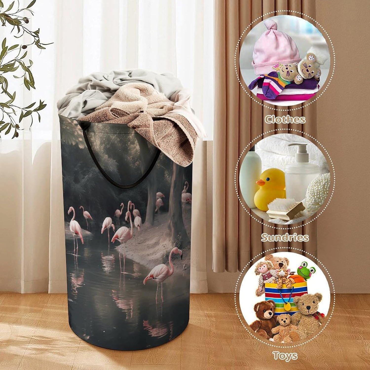 Large Laundry Basket Collapsible Laundry Hamper Waterproof Foldable Washing Bin Clothes Bag Pink Flamingo Freestanding Dirty Clothes Hampers for Laundry, Bedroom, Dorm