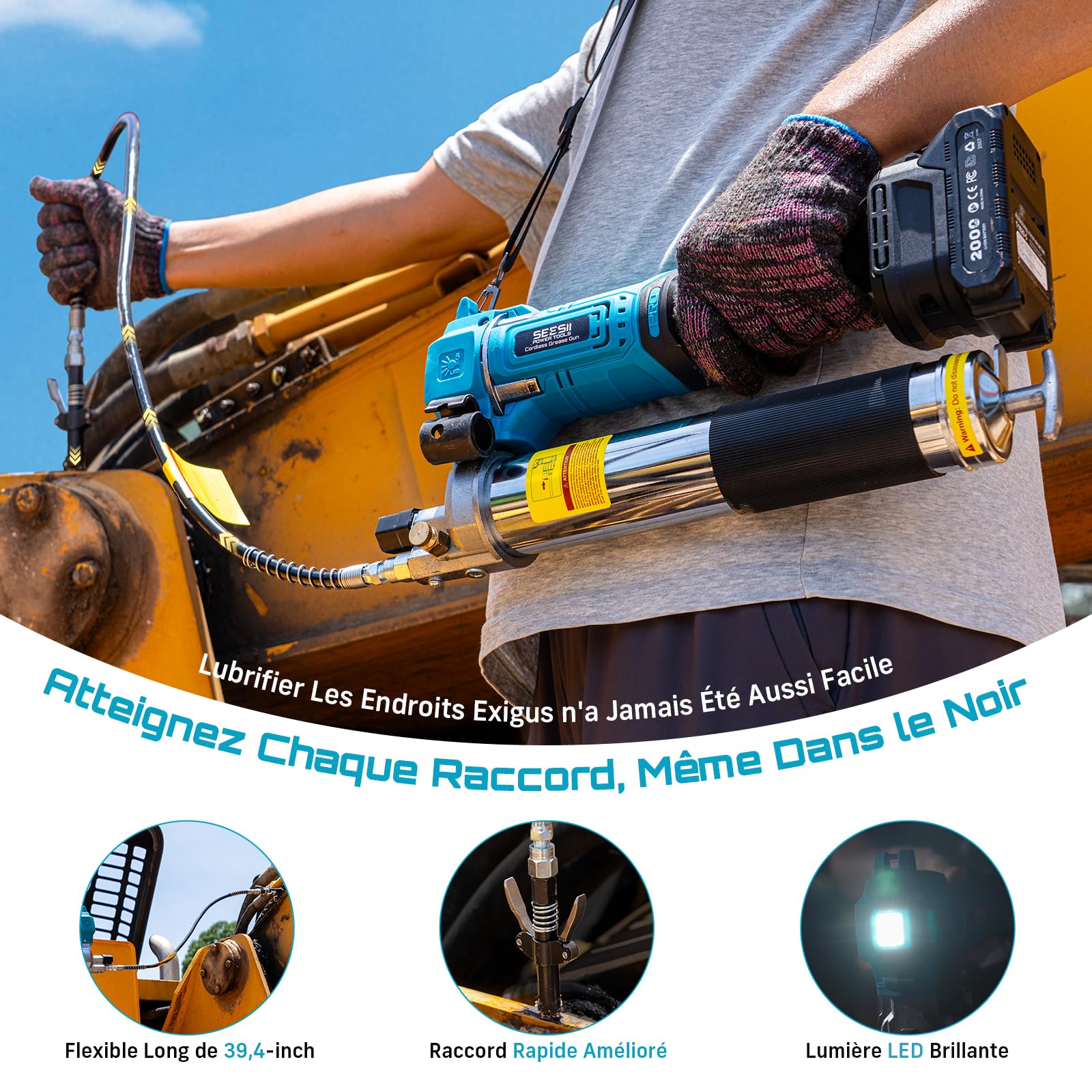Seesii Pompe a Graisse Électrique: Efficacité Pistolet Graisseur 6,4 oz/Min 10000 PSI, Tuyau de 39.4'', 2 * 2,0 Ah Batteries avec Chargeur, Conçu pour Agriculteurs, Camionneurs et Équipements Lourds