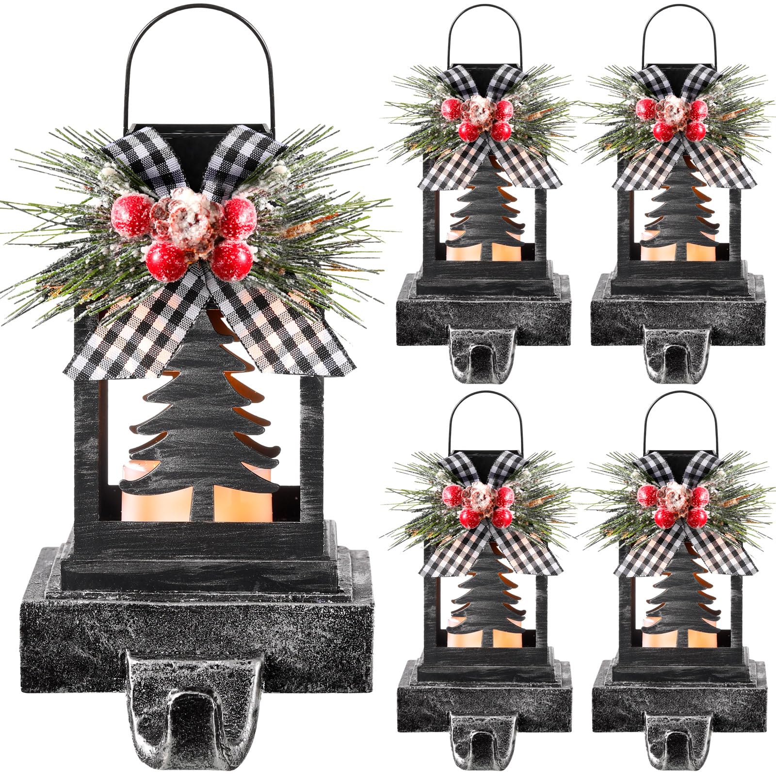 Therwen 4 Pcs Christmas Lantern Stocking Holders Retro Xmas Hooks for Stockings Decorative Mantle Hooks Light up Stocking Holders for Mantle Christmas Stockings Hangers (Xmas Tree,Black)