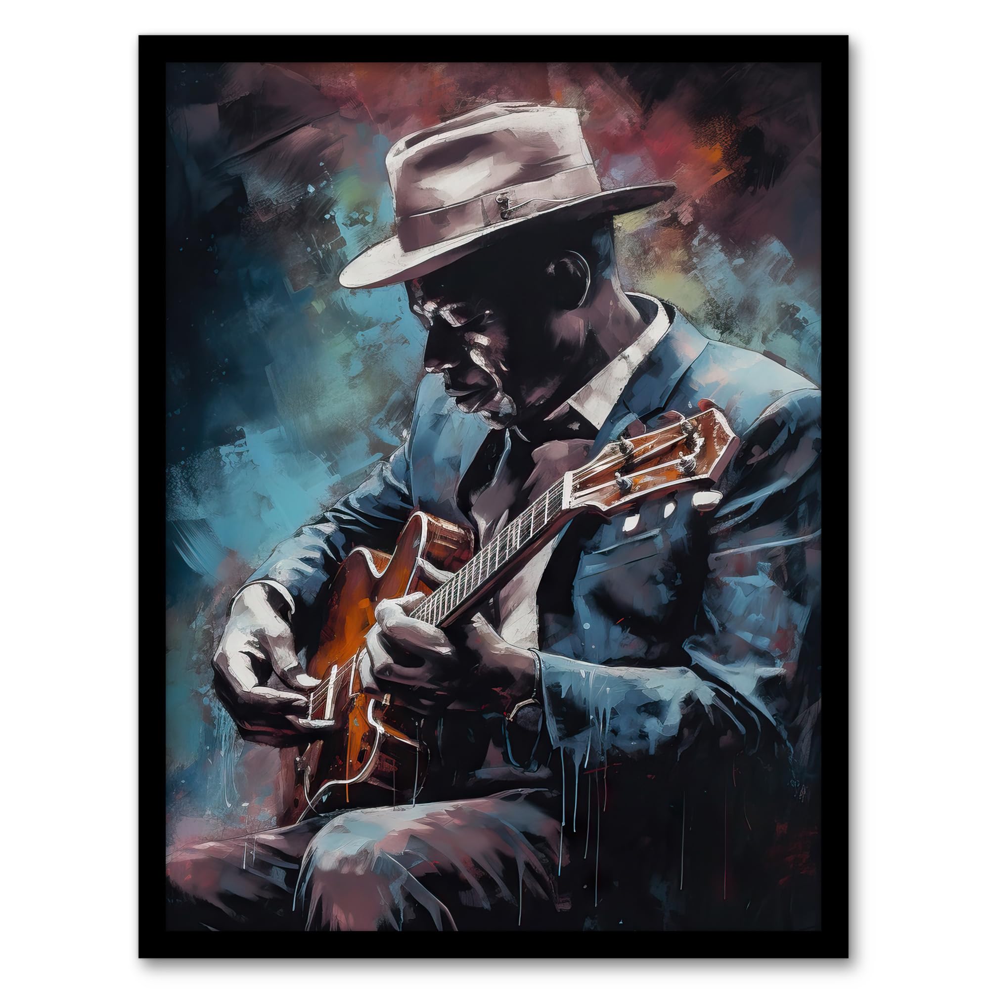 Artery8 Ragtime Blues Watercolour Artwork Musician Playing Acoustic Guitar Portrait Painting Artwork Framed Wall Art Print A4