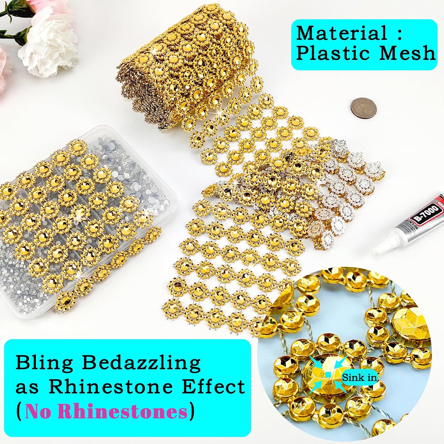 3Yards Gold Flower Rhinestone Ribbon Trim with Glue, 4In/6Rows Rhinestone Mesh Fabric, Bling Rhinestone Ribbon Roll for Crafts, Party Christmas New Year Decoration(3Y-Gold)