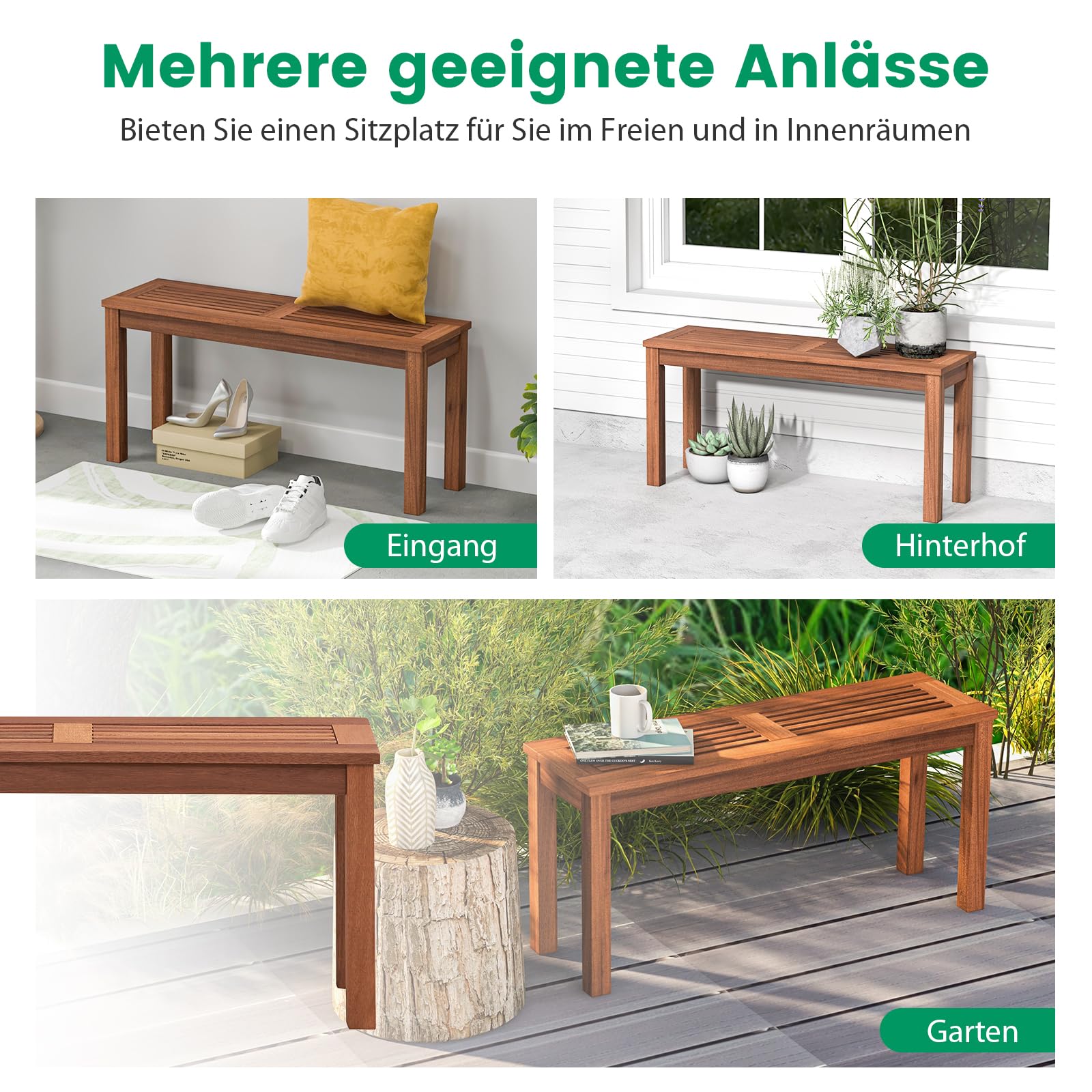 GOPLUS Gartenbank ohne Rückenlehne, 2 Sitzer Hockerbank Massivholz, 100 cm Sitzbank, Parkbank, Terrassenbank 150 kg belastbar, Gartenmöbel für Eingangsbereich, Garten, Terrasse, Braun (1)