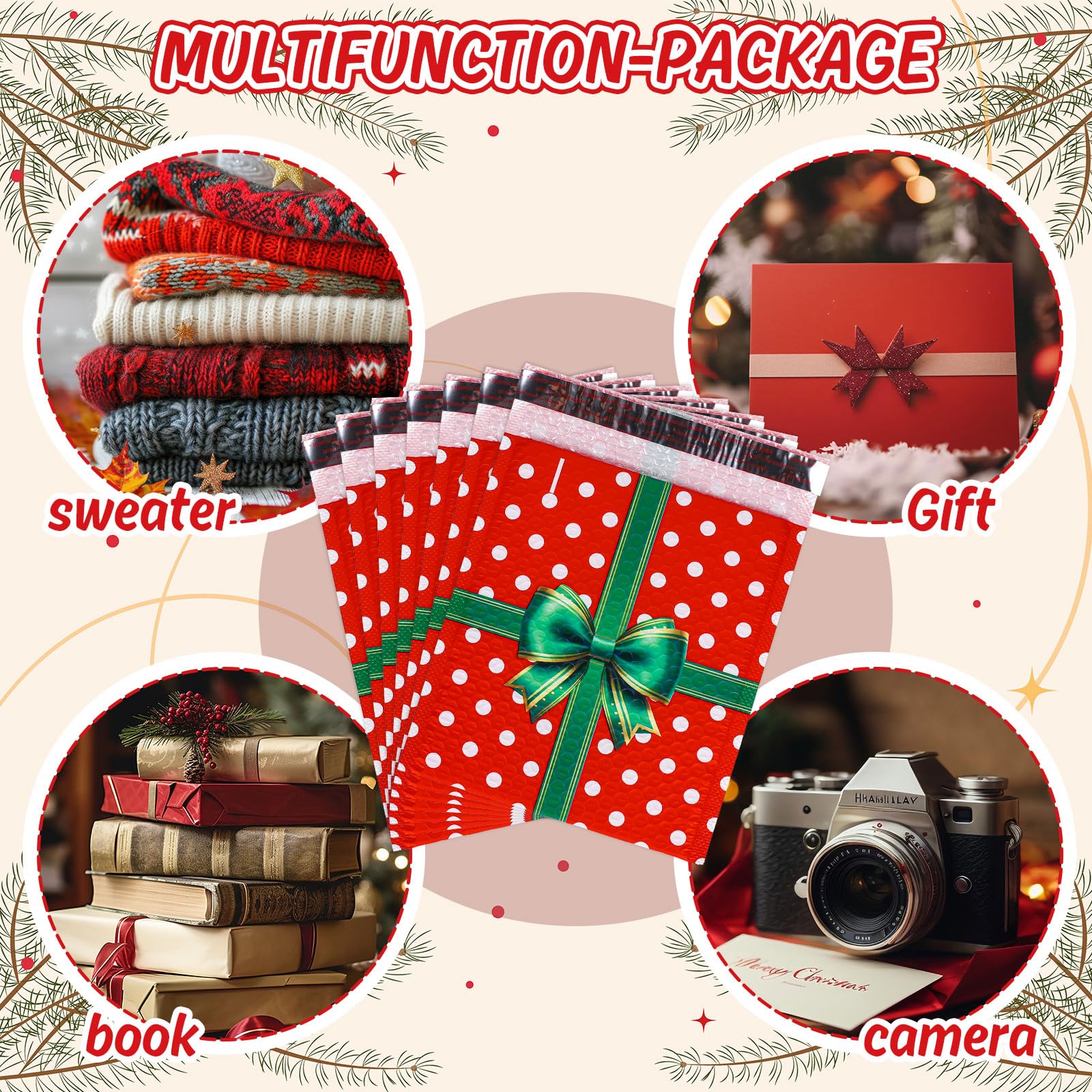 JarThenaAMCS Luftpolster-Versandtaschen mit Weihnachtsschleife, selbstklebend, für kleine Unternehmen, Boutique, Verpackung, Versand, Make-up, Kleidung, Dokumente, Geschenk, 21,6 x 24,9 cm, 50 Stück