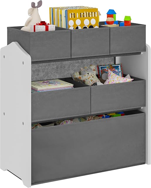 Lestarain 3-Tier Children Storage Unit, Toy Organiser with 6 Removable Boxes, White MDF Frame with Grey Non-Woven Toy Chests for Nursery, Childrens Room, 63x30x60cm