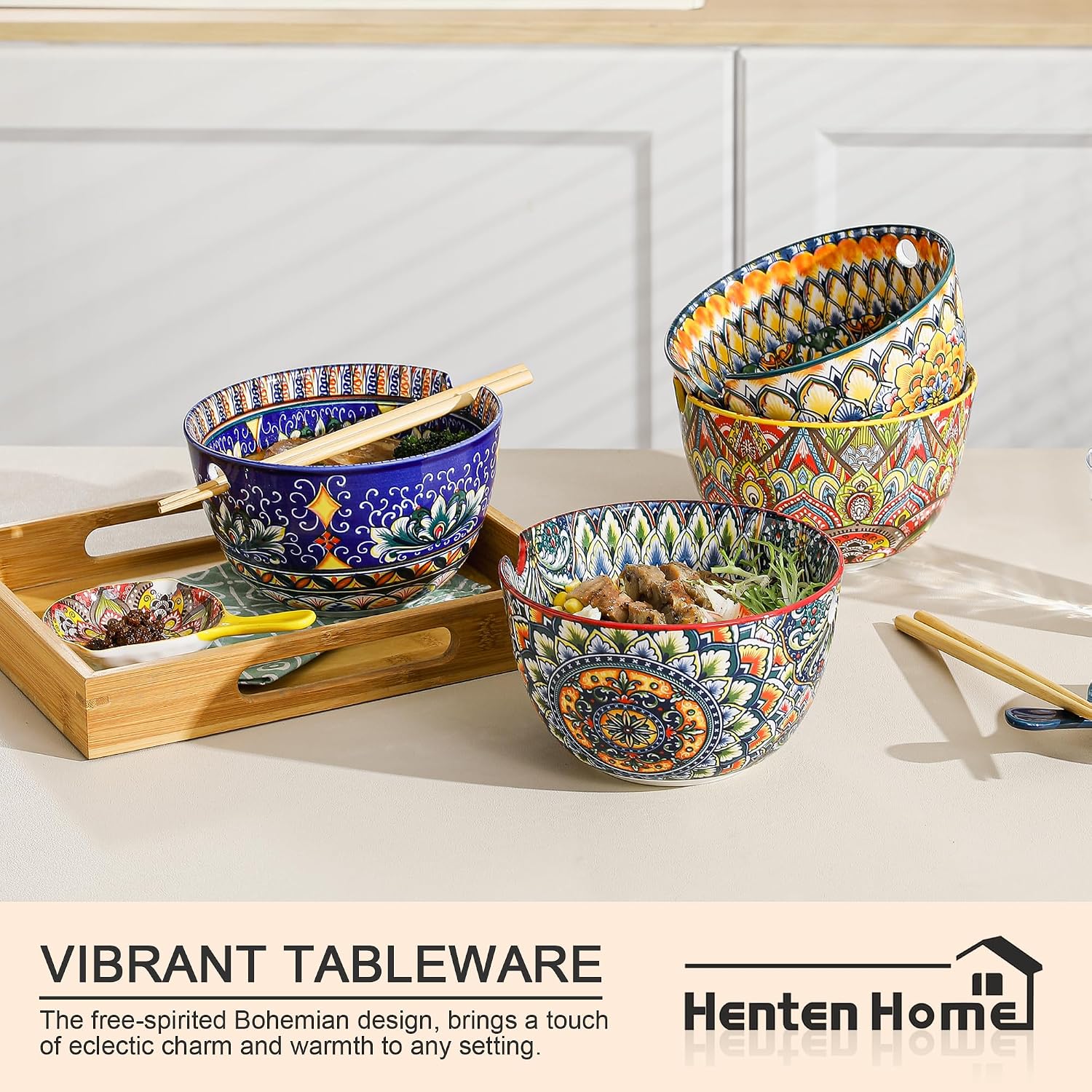 Henten Home Ceramic Ramen Bowl Set, 25 oz Soup Bowls Set of 4, Boho Noodle Bowl with Chopsticks, for Salad, Rice, Pho, Microwave & Dishwasher Safe image 5