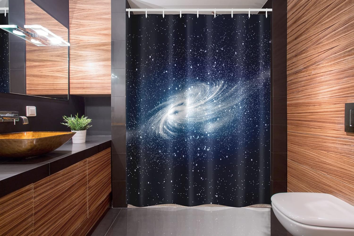 Ambesonne Outer Space Stall Shower Curtain, Spiral Galaxy Image Space and Stars Celestial Cosmos Expanse Universe Modern, Fabric Bathroom Decor Set with Hooks, 54" W x 78" L, Navy White