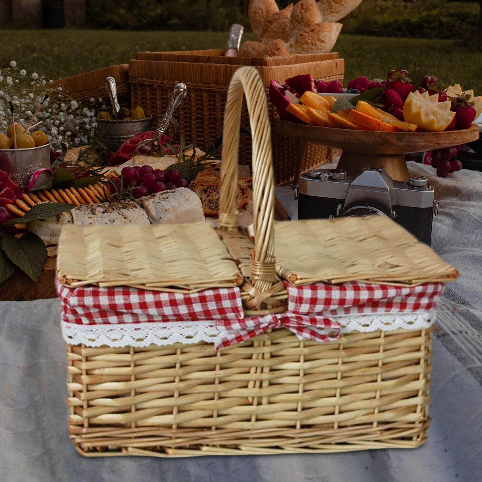 Sharplace Panier de Pique-Nique en Osier Vintage, Panier de Rangement pour Les Fêtes en Plein Air dans Le Parc