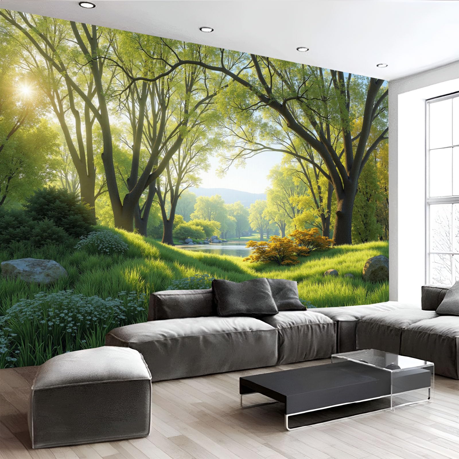 Carta da Parati Panoramica Primavera Prato Boschi Piante Foto Wallpaper Poster Gigante Design 300×210cm Murale Decor della Parete Soggiorno Camera da Letto Carta da Parati