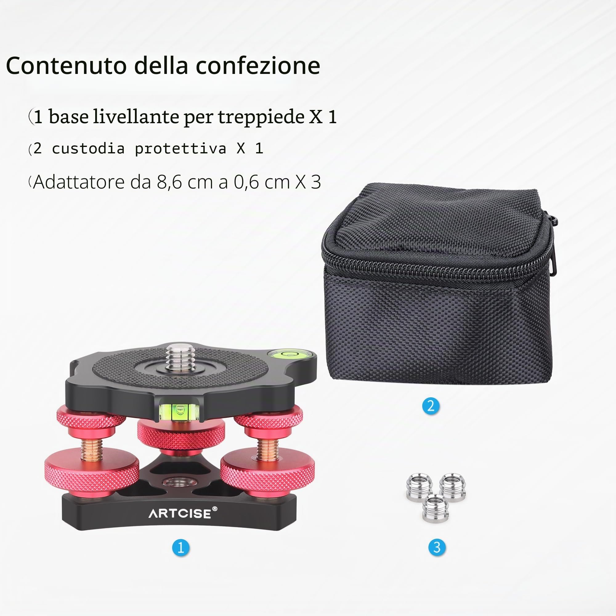 Base di livellamento per treppiede ARTCISE, testa a tre ruote a 3 assi in lega di alluminio, filettatura da 3/8", regolazione precisa dell'angolo +/-5° per la fotografia panoramica macro