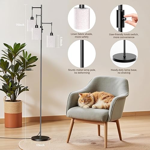 Miniatura 9 de Lámpara de pie regulable, lámpara de pie industrial de granja con elegante jaula y 3 bombillas LED de 1000 lm, lámpara de pie alta de árbol negro