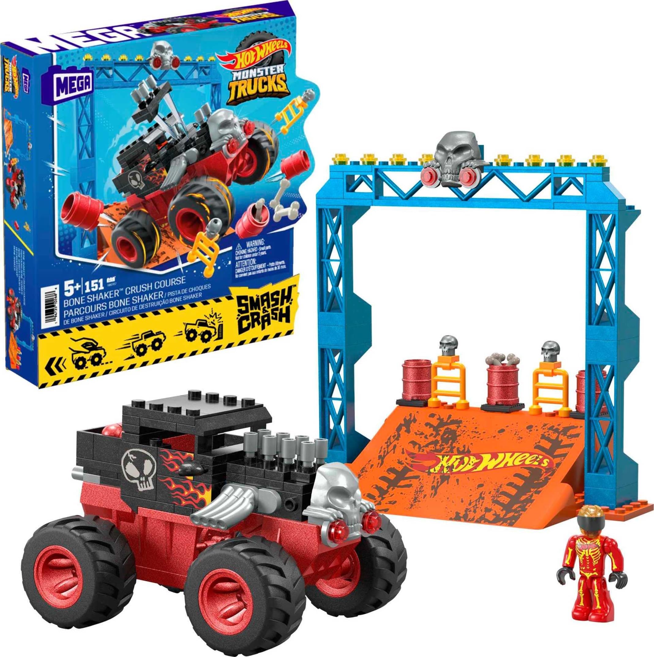 MEGA Hot Wheels Monster Trucks Toy Car Building Set, Smash & Crash Bone Shaker Crush Course with 151 Pieces, 1 Micro Figure Driver, Red, Age 5+ Years
