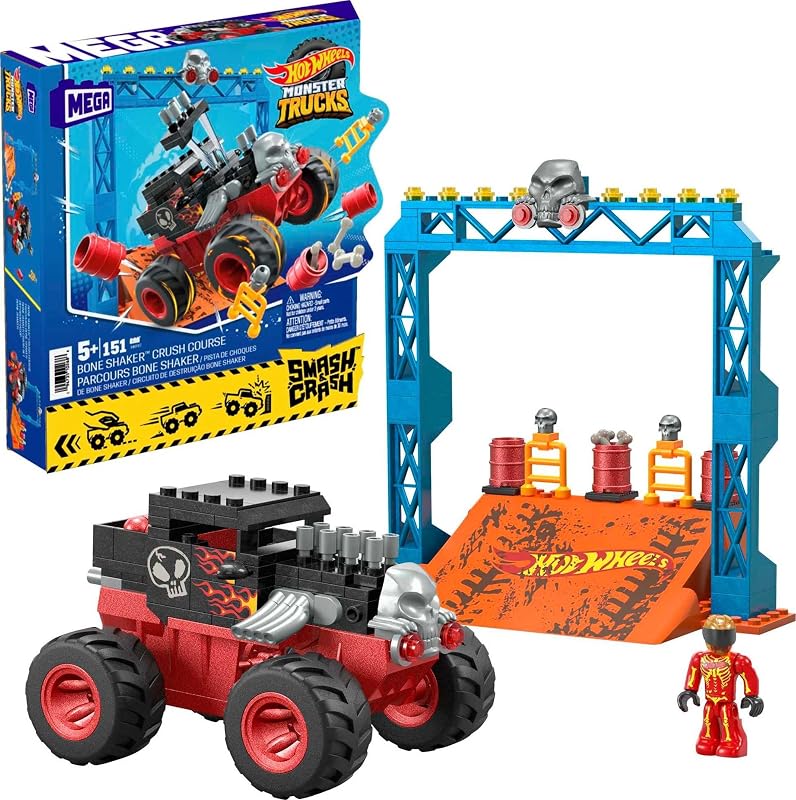 MEGA Hot Wheels Monster Trucks Juego de construcción de autos de juguete, Smash & Crash Bone Shaker Crush Course con 151 piezas, 1 microfigura de conductor, rojo, edad 5+ años