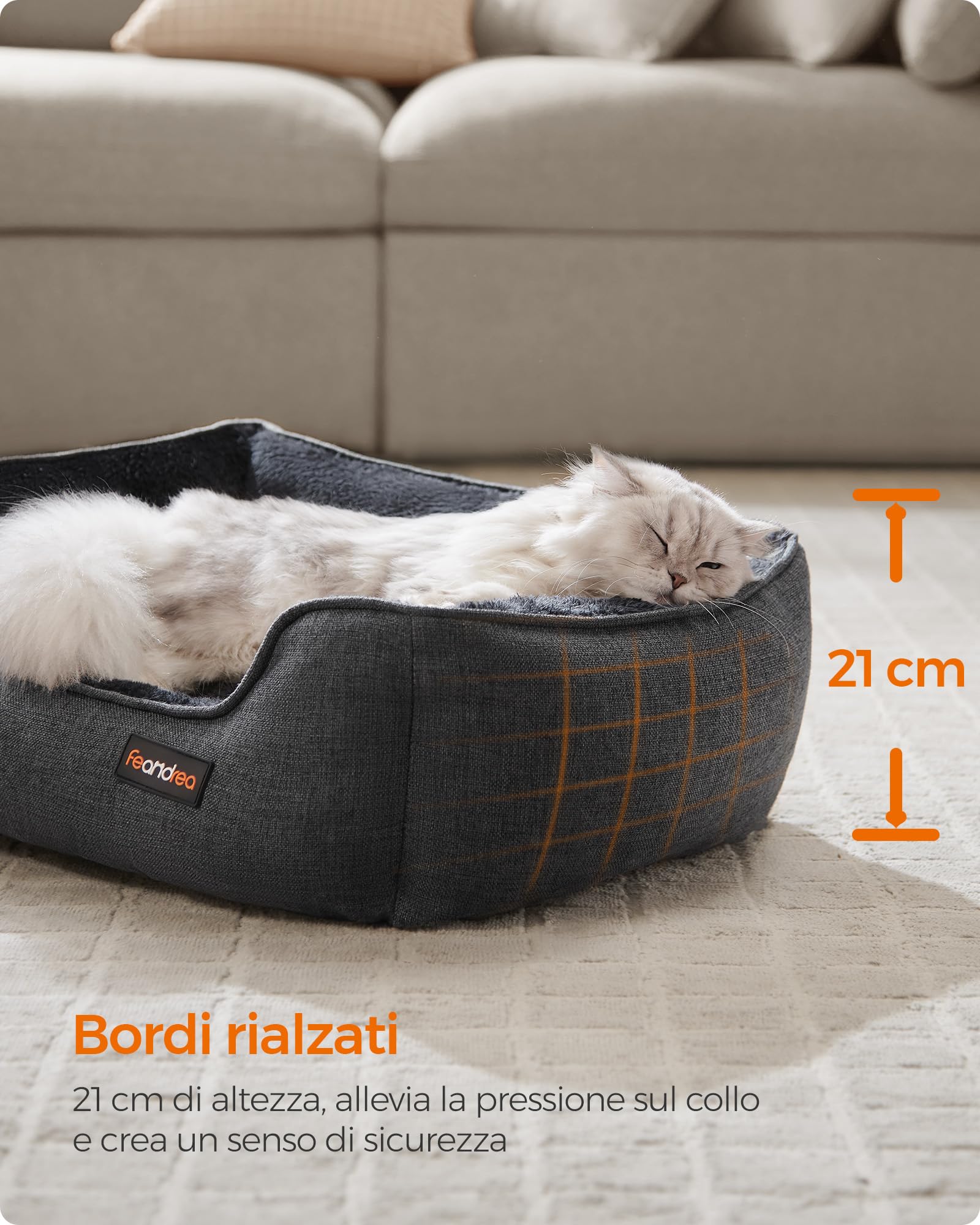 Feandrea Cuccia per Cani, Lettino per Animali in Simil Lino, Bordi Rialzati, Fondo Antiscivolo, Copertura Sfoderabile per Lavaggio, S per Gattini e Cuccioli, 60 x 50 x 21 cm, Grigio Scuro PGW009G01