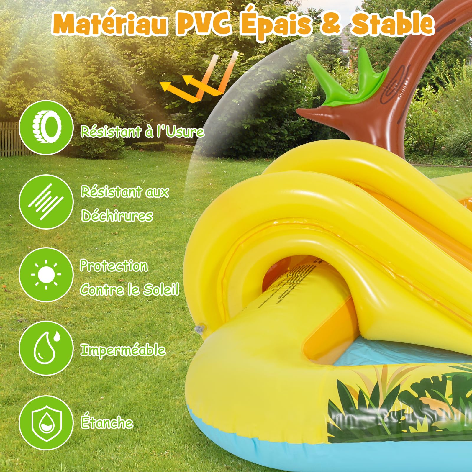 COSTWAY Piscine Gonflable Enfants Jungle avec Toboggan et Arroseur, Aire de Jeu Pataugeoire avec Jeu de Lancer d'Anneaux et Jouet Singe et Hippopotame pour Jardin Balcon Plage, 2-6 Ans, 207x168x77cm
