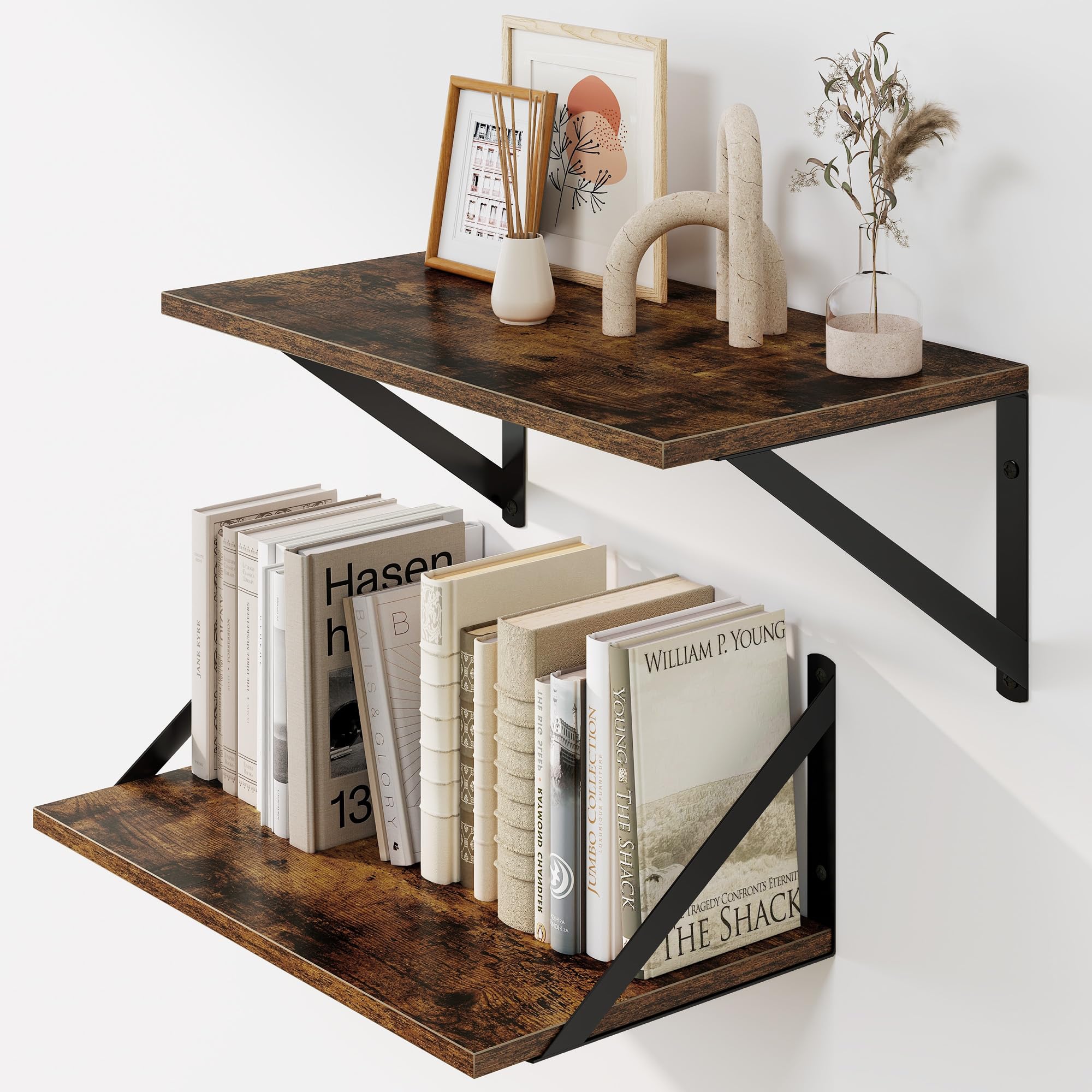 Heimlove Floating Shelves Set of 2, 40cm Vintage Brown Wall Shelves with Metal Brackets, Book Shelf 15cm Deep for Living Room, Bedroom, Kitchen, Bathroom, Home Office & Book Storage