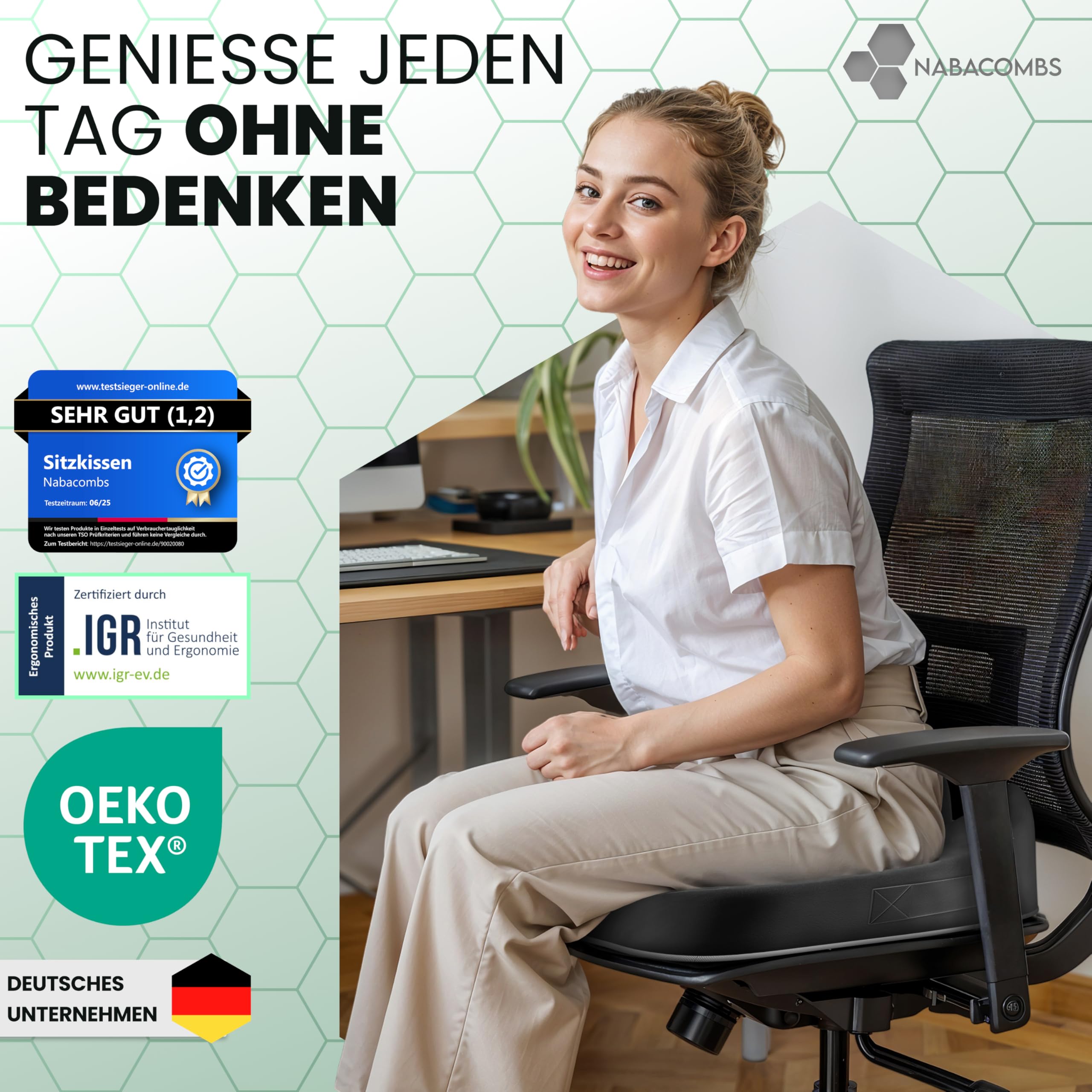 Orthopädisches Sitzkissen – Ergonomisch, Memory Foam, entlastet Steißbein & Rücken, sofort einsatzbereit – IGR-zertifiziert & Oeko-Tex geprüft, ideal für Büro, Auto, Reisen & Schwangerschaft