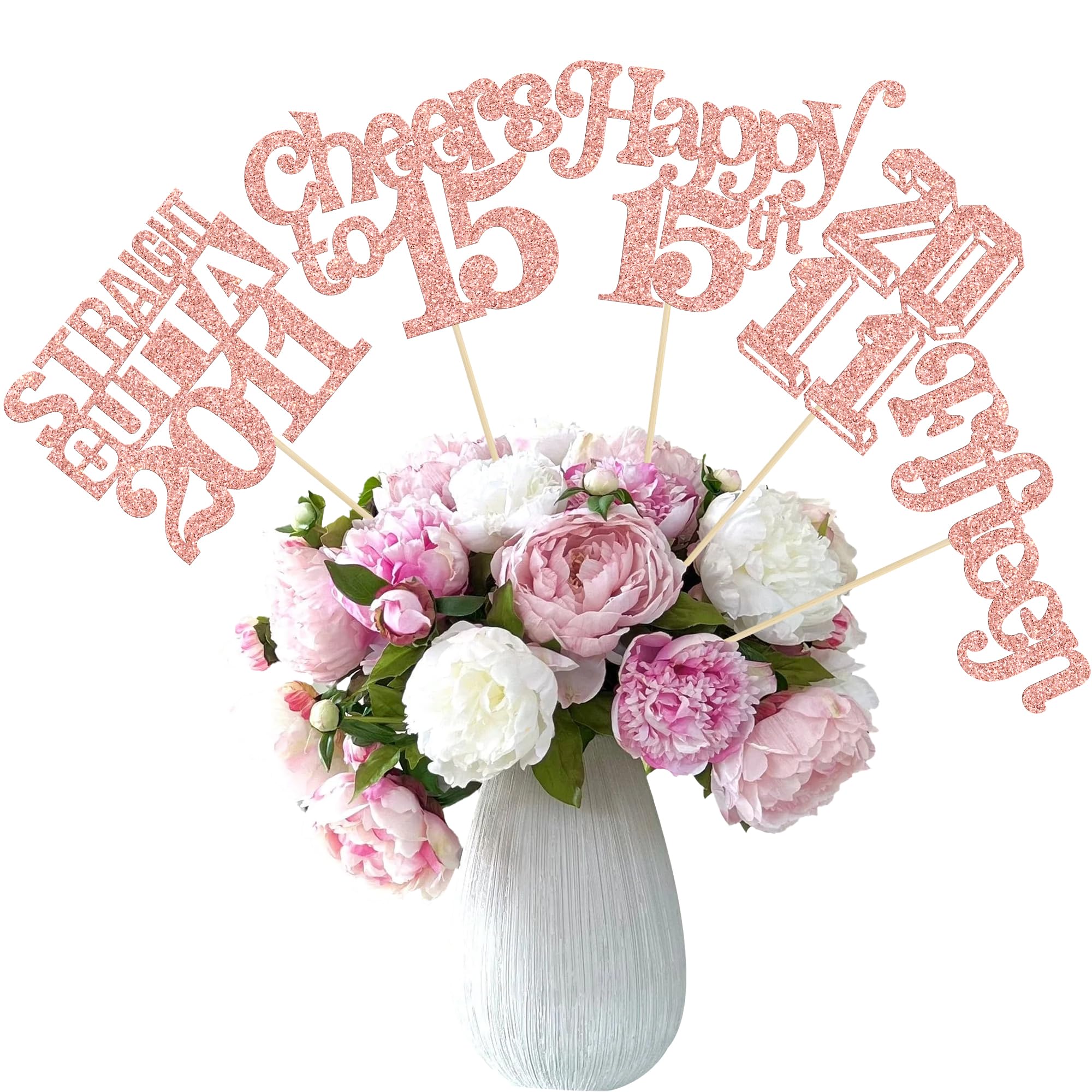 Gyufise 15Pcs Happy 15th Birthday Centerpiece Sticks Fifteen Straight Outta 2011 Table Flower Centerpieces Sticks for Cheers to 15th Birthday Party Supplies Rose Gold