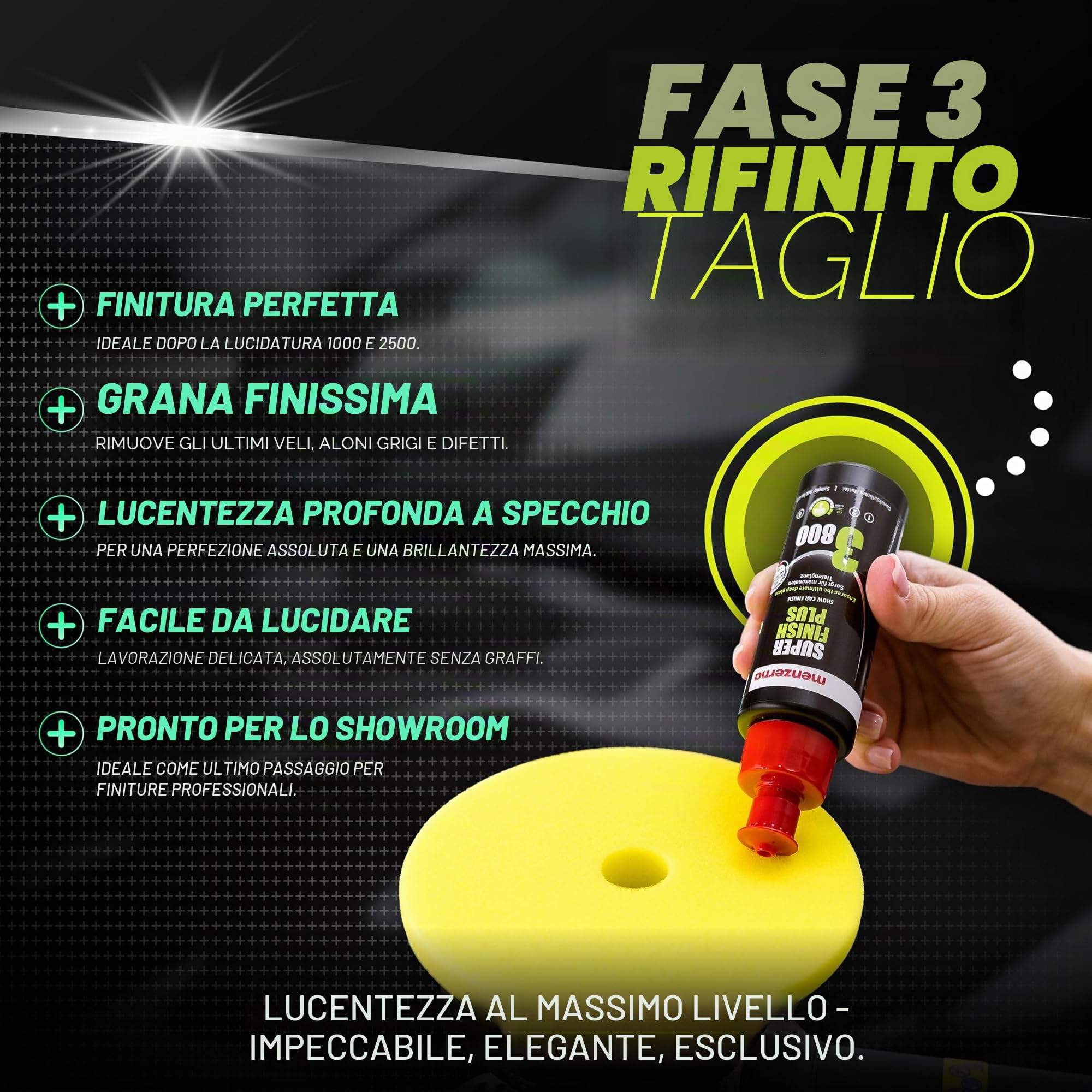 Menzerna Set di lucidatura per auto | Lucidatrice eccentrica MZ-XR con piastra di supporto da 125 mm + 3 x 100ml lucidante + panni per lucidatura + sigillante spray | corsa 15mm 720W