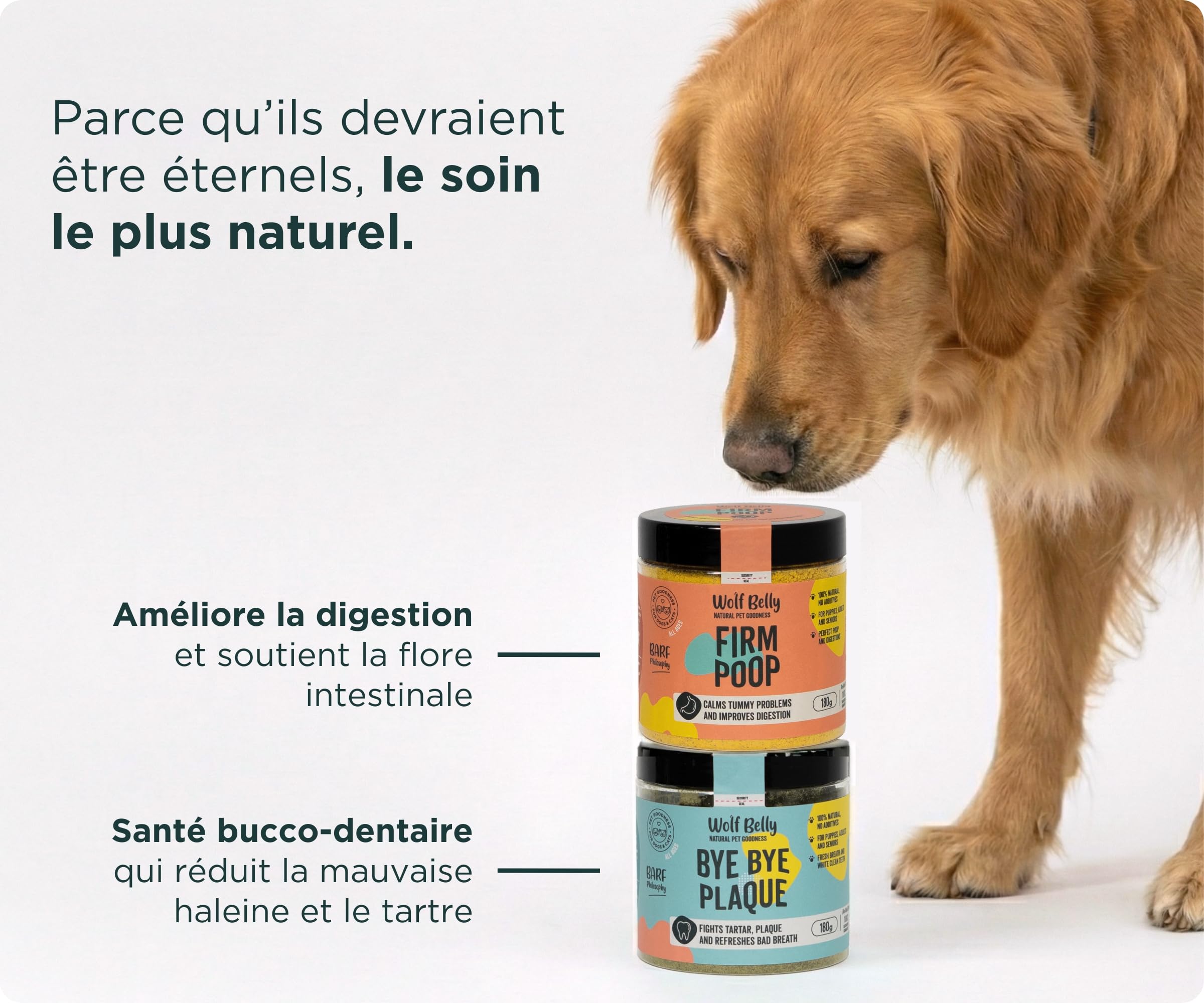 Wolf Belly - Pack Probiotique et Hygiène Dentaire 100% Naturel (180g) | Digestions Saines + Anti tartre | pour Chiens et Chats | Format Poudre - Fabriqué en Europe
