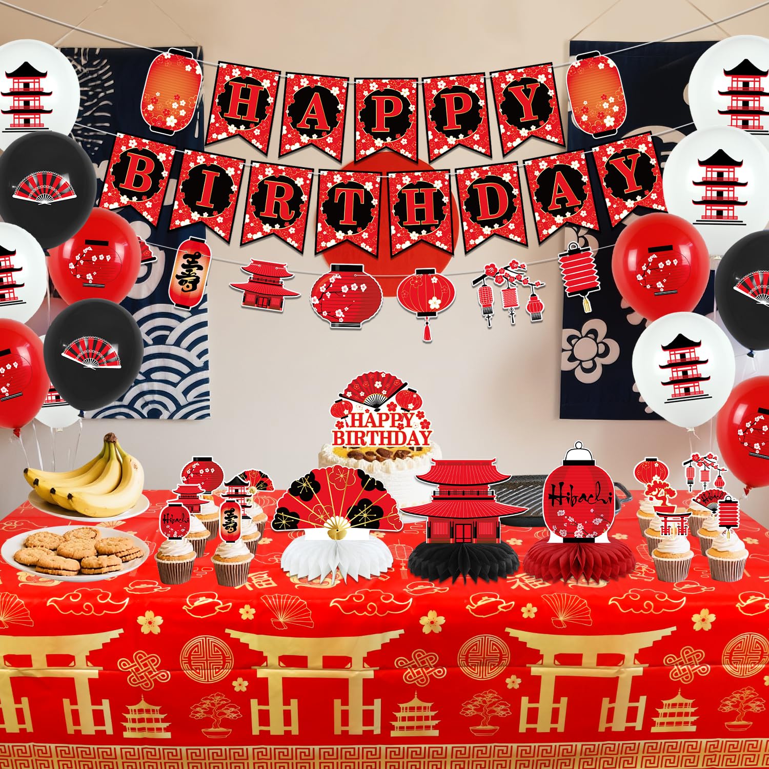 Decorazioni per feste Hibachi, forniture per feste di compleanno giapponesi Hibachi includono striscione di buon compleanno, decorazioni per torte, centrotavola a nido d'ape, tovaglia e palloncini per