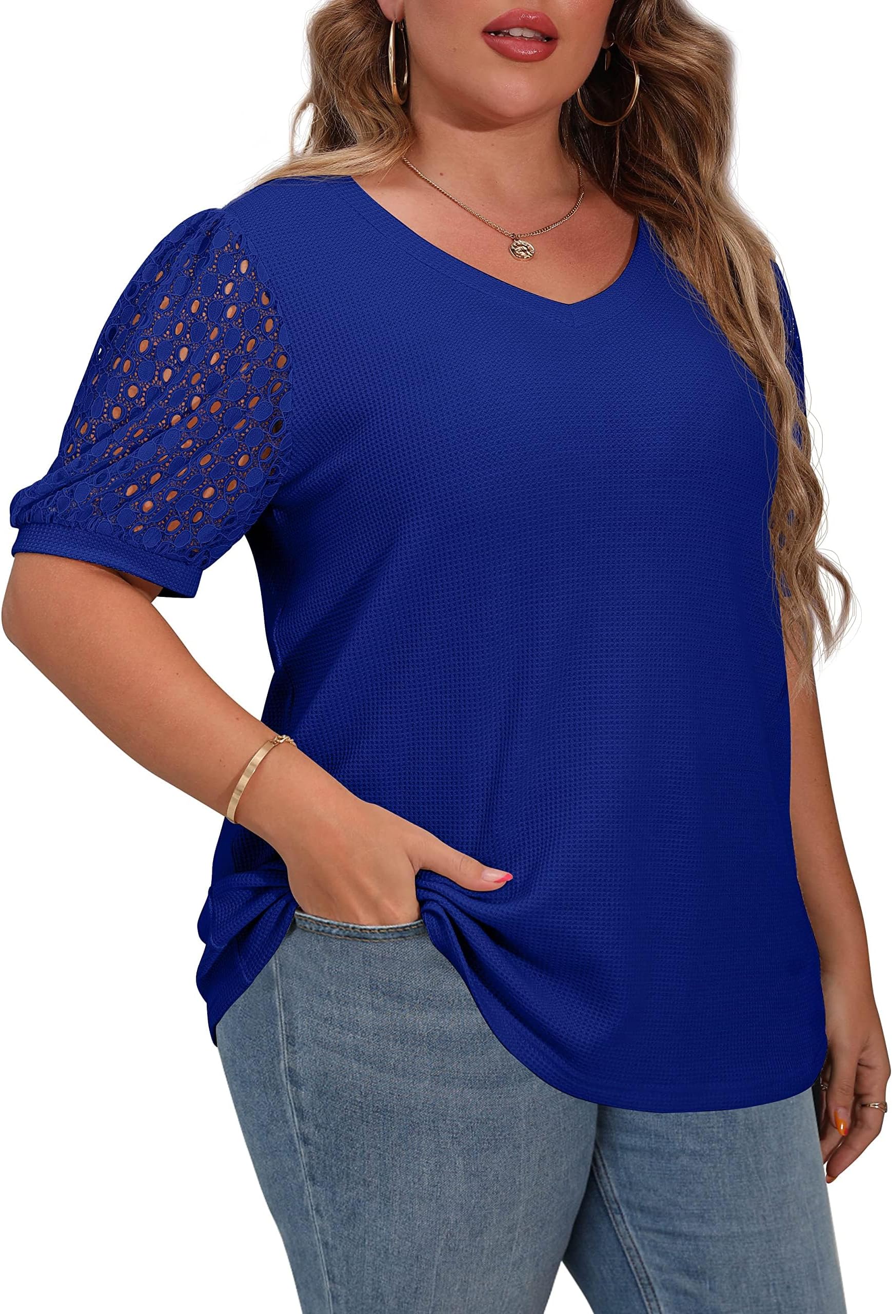 OLRIKPlus Size Tops for Women Summer Blouse Waffle Knit Short Lace Sleeve Shirts