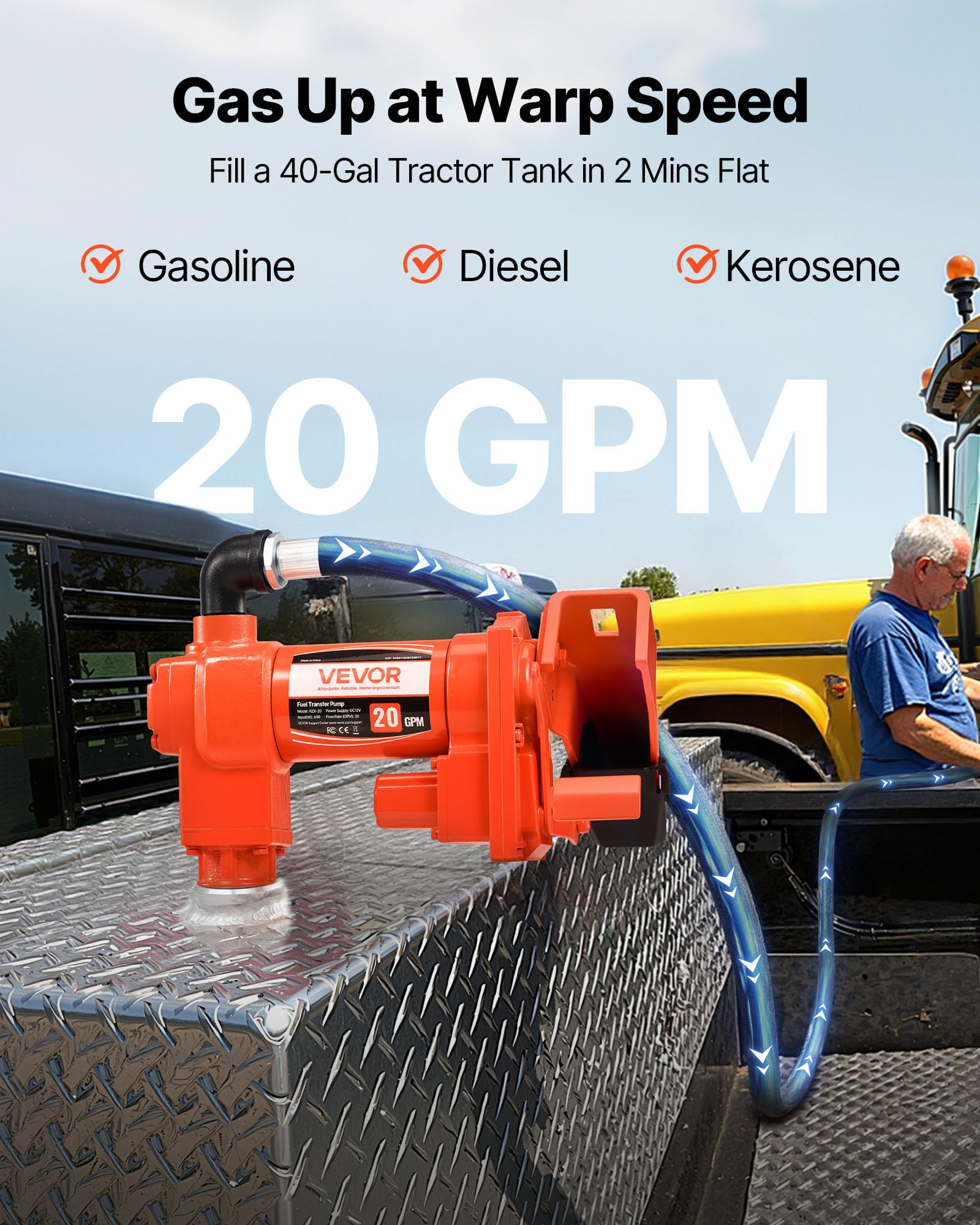 VEVOR Pompa di Trasferimento Carburante 12V CC 20 GPM 1/4 CV per Diesel Benzina Cherosene