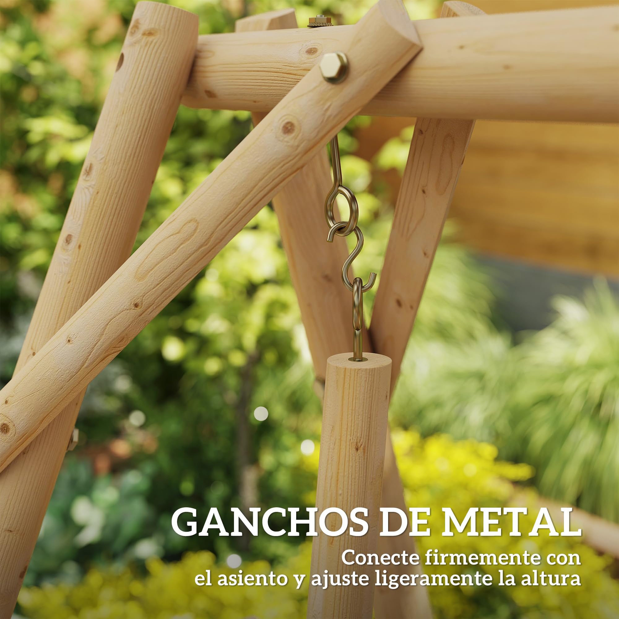 Outsunny Banco Columpio de Jardín de Madera de 2 Plazas Balancín de Jardín Exterior con Bandejas Laterales Reposabrazos y Estructura en A para Patio Porche Carga 240 kg 200x135x175 cm Natural