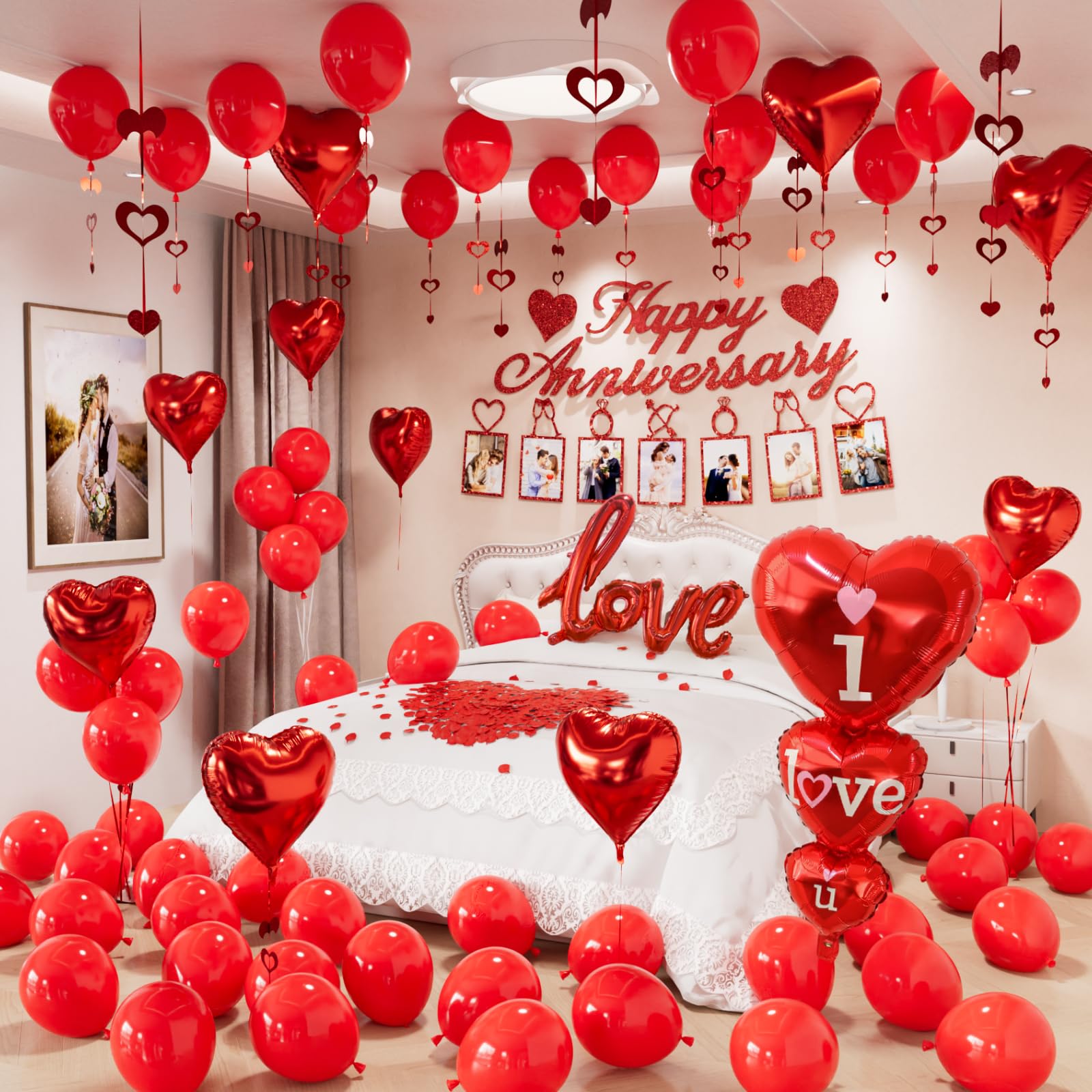 Anniversary Decorations - Valentines Day Decorations with Happy Anniversary Banner and Photo Banner, Red Heart Balloons I Love You Foil Balloons Rose Petals for Romantic Valentines Party
