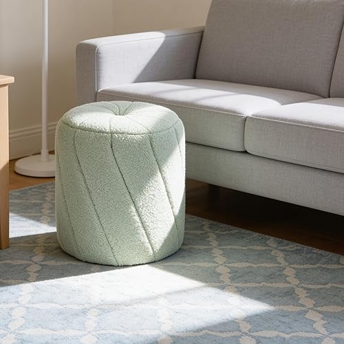Miniatura 6 de Otomana redonda moderna, otomana con espiral, taburete tapizado de vellón de peluche para maquillaje, dormitorio, sala de estar, verde claro Espiral