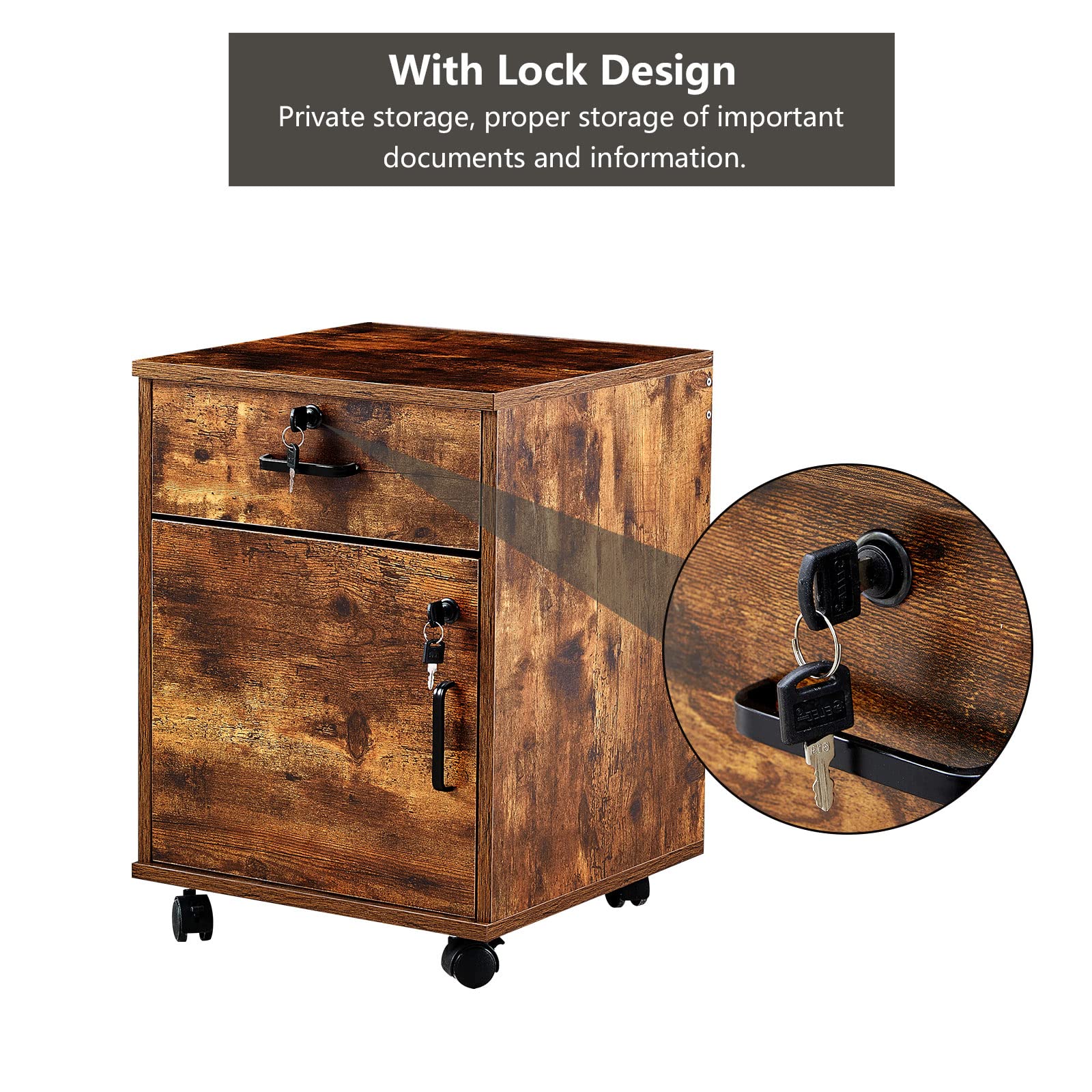 CLIPOP Archivador moderno con cerradura y cajón de madera con 1 almacenamiento cerrado y 4 ruedas rodantes, gabinete móvil para oficina en casa debajo del escritorio para papel A4, cartas y carpetas