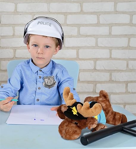 Miniatura 7 de DolliBu Peluche de oficial de policía de alce mentiroso marrón, disfraz de policía de alce marrón suave con lindo uniforme de policía y traje de