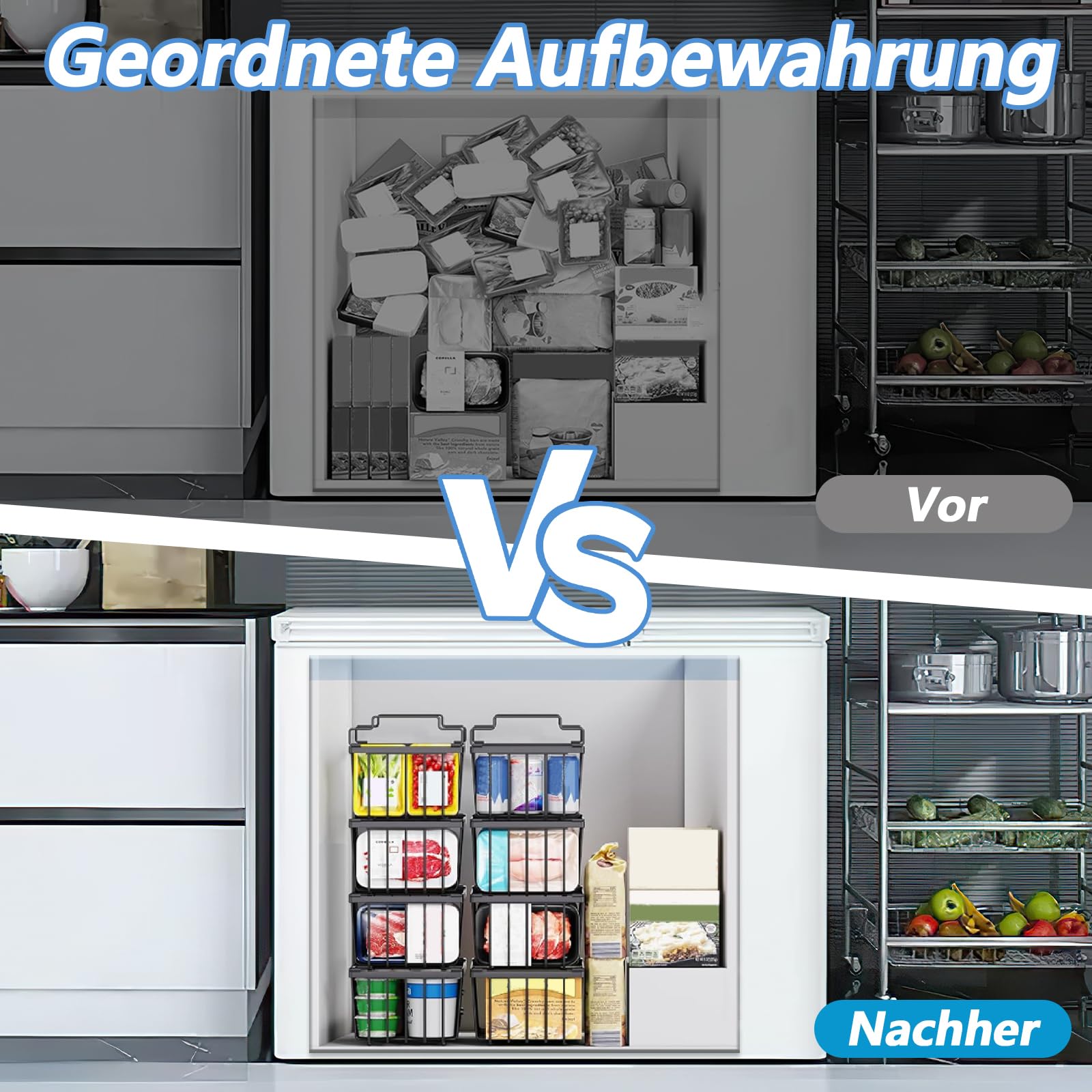 W&H Gefrierschrank Organizer, 4 Stück Gefriertruhen Korb,Stapelbare Gefrierkörbe mit Griffen,Einfacher Zugriff auf Tiefkühlkost,Schwarz,für Gefrierschränke 5–7 Kubikfuß