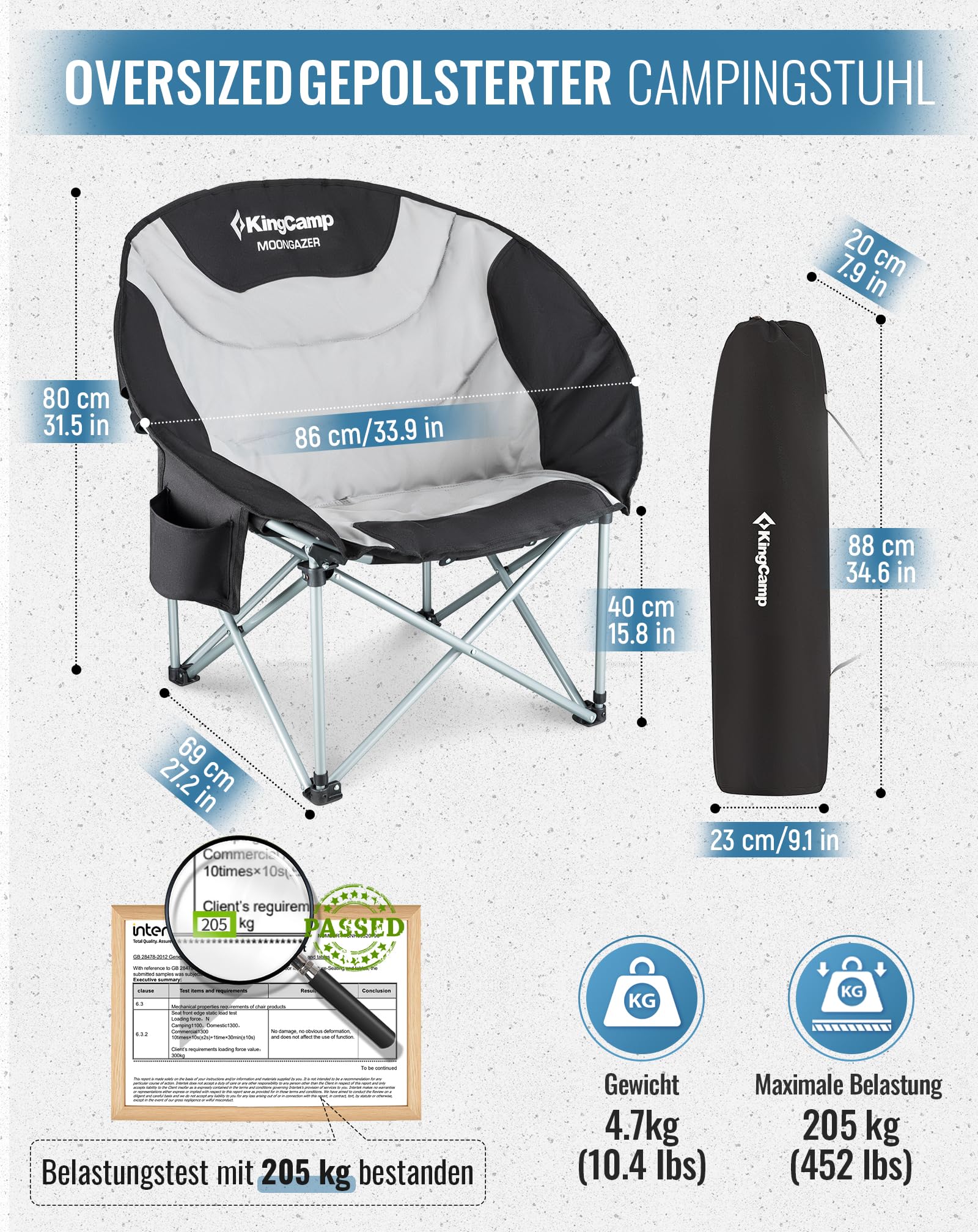 KingCamp 2er Set Moonchair Campingstuhl Faltbar bis 205kg Gepolstert | Tragbar Campingstühle mit Kühltasche, Getränkehalter & Tragetaschen für Camping, Garten, Angeln Outdoor