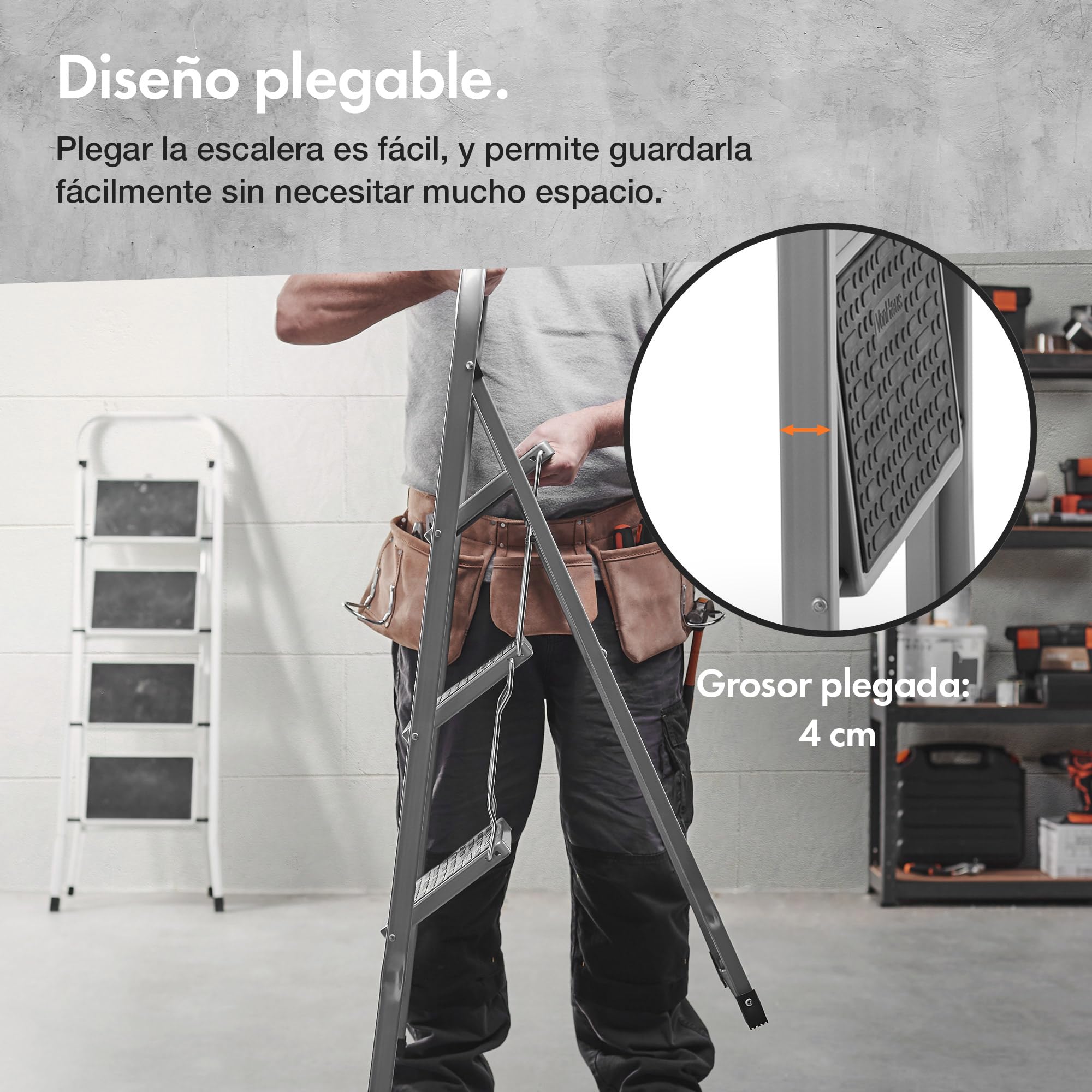 VonHaus Escalera Plegable de 3 Peldaños – Escalera de Tijera Antideslizante y Fácil de Guardar - Soporta hasta 150 Kg - Escalera Articulada Premium para Bricolaje y Jardinería – Acero Duradero