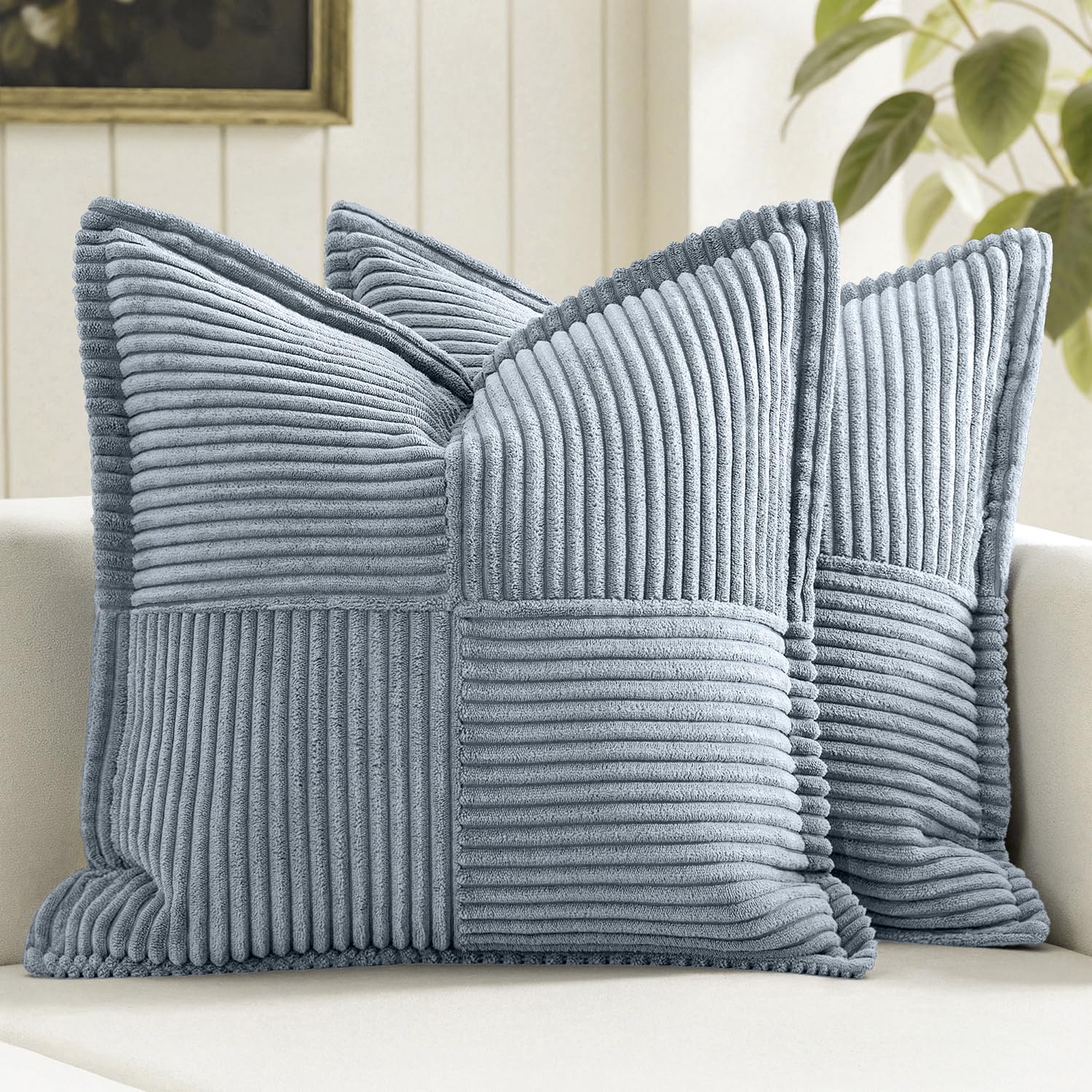 MIULEE Decorative Throw Pillow Covers for Couch 16x16 Inch Dustyblue 2 Pack | Boho Broadside Striped Patchwork Pillow Covers, Soft Corduroy Cushion Cases, For Sofa Bed Livingroom Home Decor