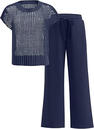 ANRABESS Women Two Piece Crochet Sheer Knit Sweater Top and Wide Leg Pants Lounge Set