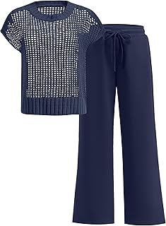 Women Two Piece Outfits Crochet Sheer Knit Sweater Top Wide Leg Pants Lounge Matching Sets Sweatsuit Travel Clothes