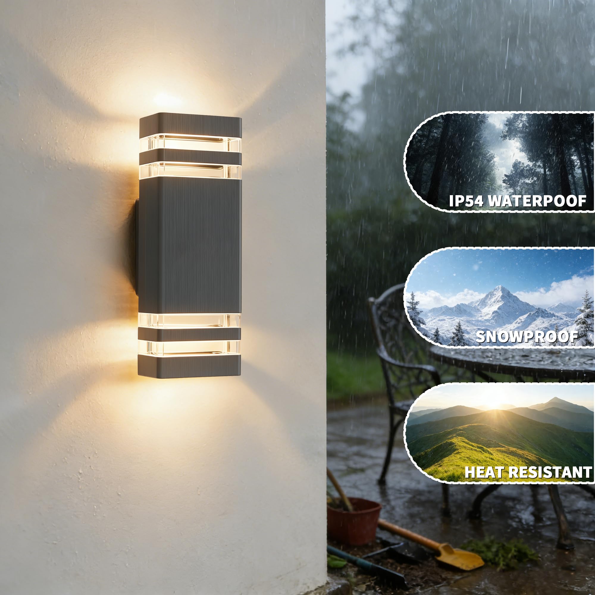 JNR Aussenlampe Wand IP54 Wasserdichte LED Wandleuchte Aussen, Außenlampe Wand 2 * 5w GU10 3000K Warmweiß Glühbirne, Außenleuchte Wand LED Aussenleuchte, Anthrazit Grau