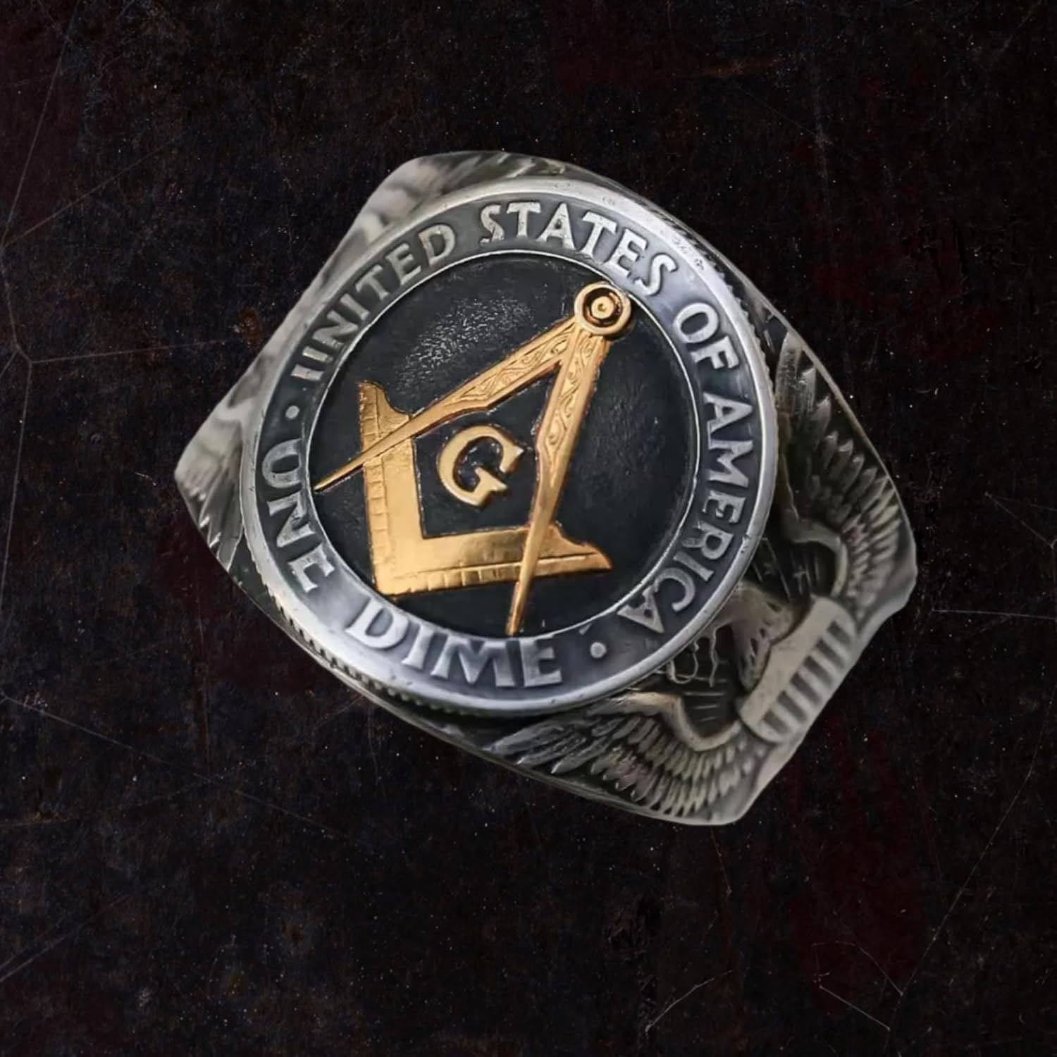 Freemason Signet Ring – Handcrafted Adjustable 1964 JFK Half Dollar & 1952 Roosevelt Dime, Double-Sided Freemasonry Symbol, Unique Silver Coin Jewelry for Men & Women
