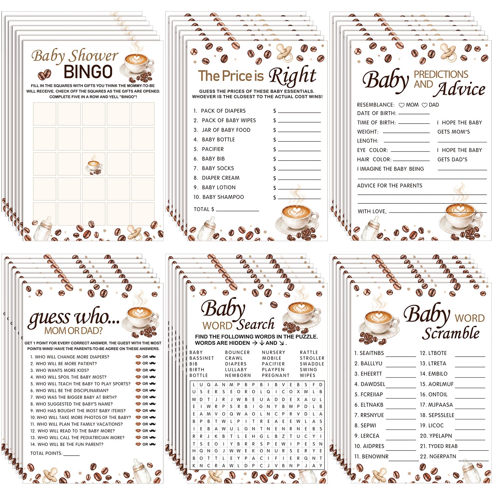 302 Pcs Baby Shower Games, 6 Games,50 Sheets Each, A Baby is Brewing
