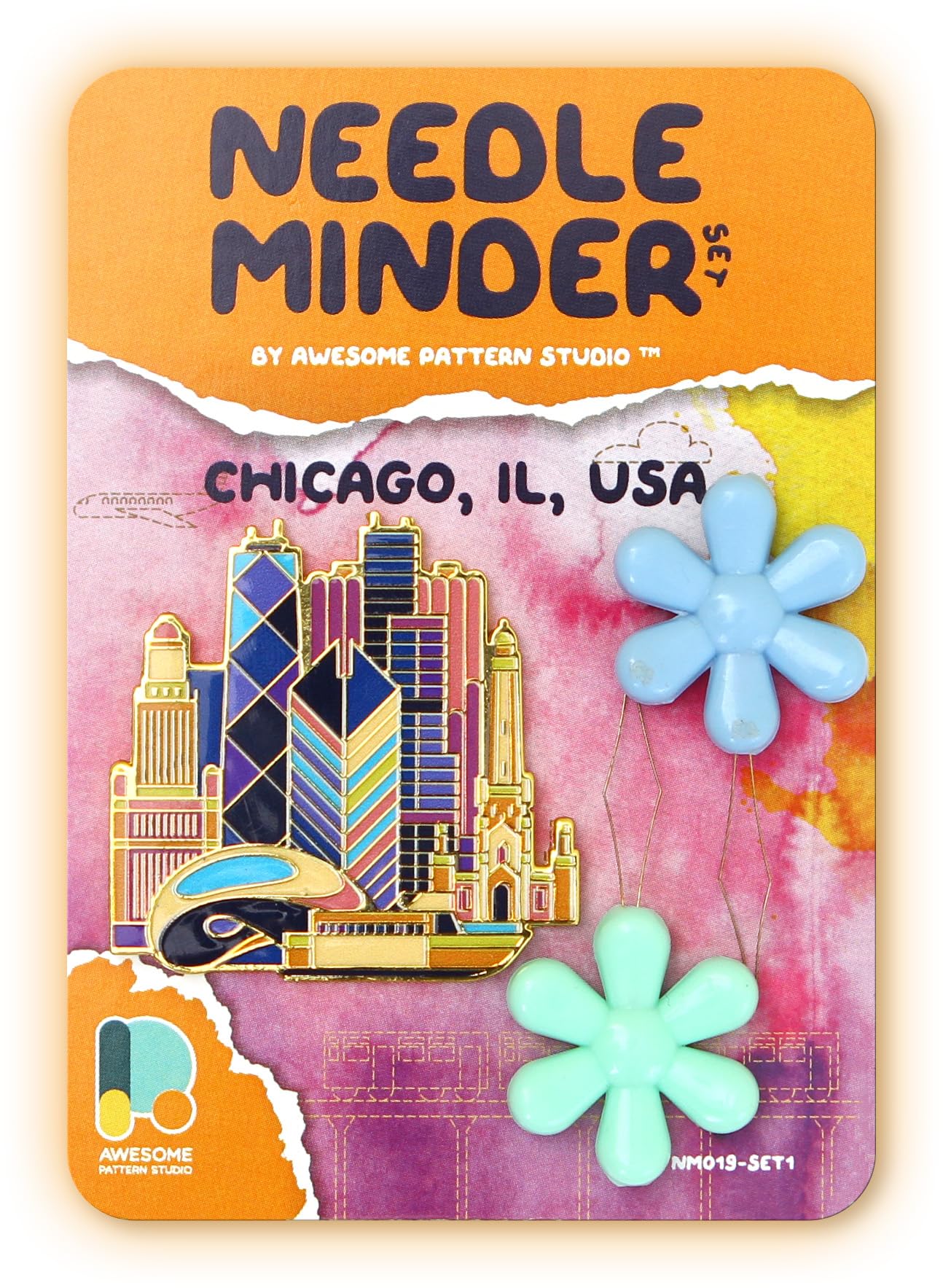 Awesome Pattern Studio Needle Minder Set – Chicago Magnetic Needle Minder + 2 Needle Threaders. Enamel Pin for Cross Stitch, Embroidery and Craft