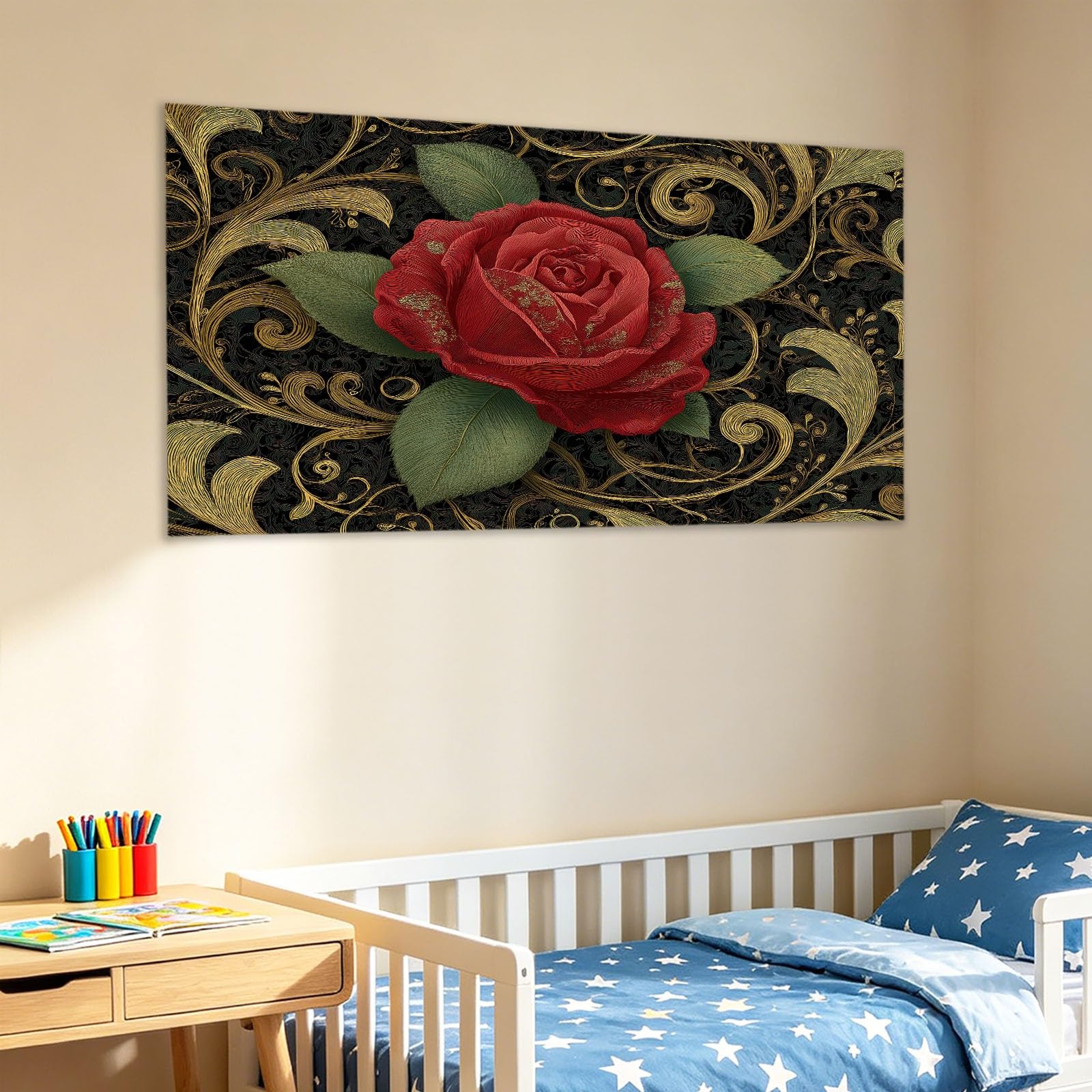 Quadro su tela, 120 x 80 cm, stampa floreale di lusso, stampa artistica su tela, decorazione per camera da letto, regalo, rosa rossa