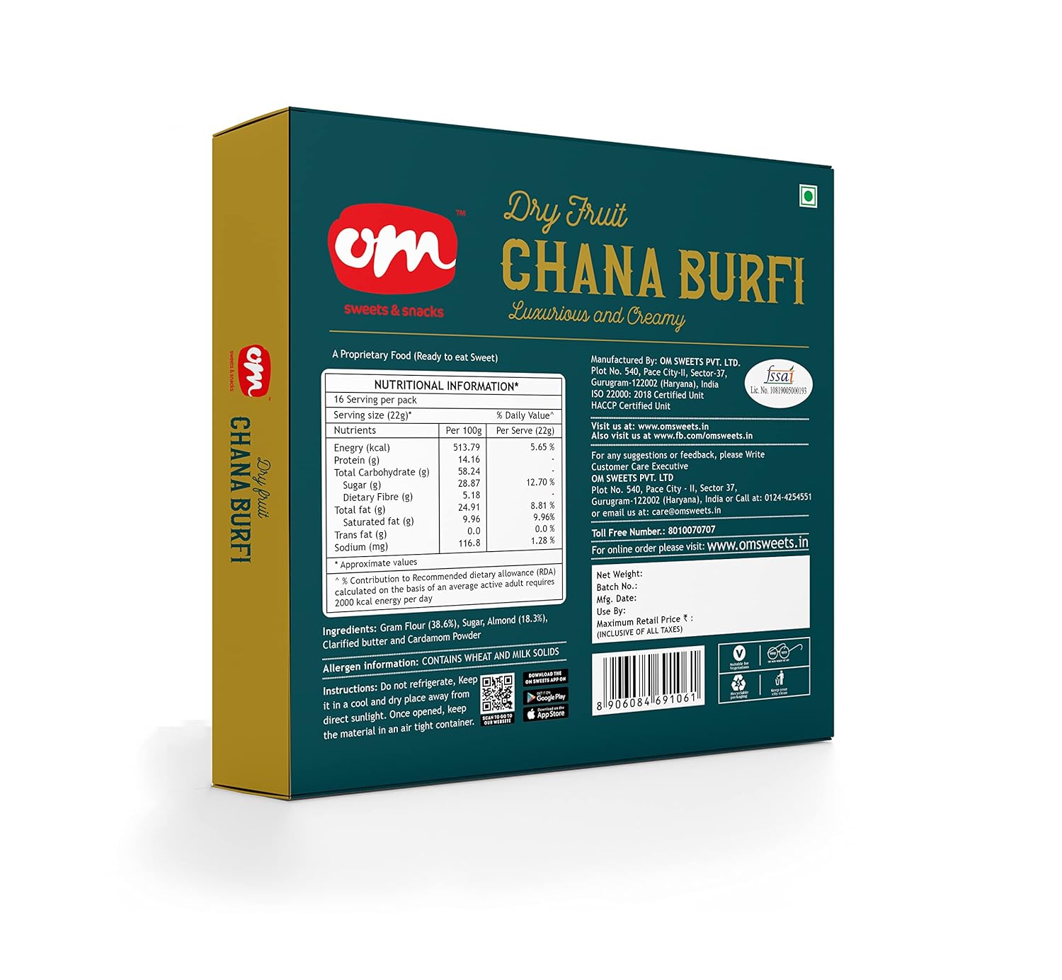 Om Sweets & Snacks | Chana Dry Fruit Burfi | Made with pure quality ingredients | No added colours or preservatives | Fresh Products | Indian Mithai | Pure Desi Ghee | 700 gm