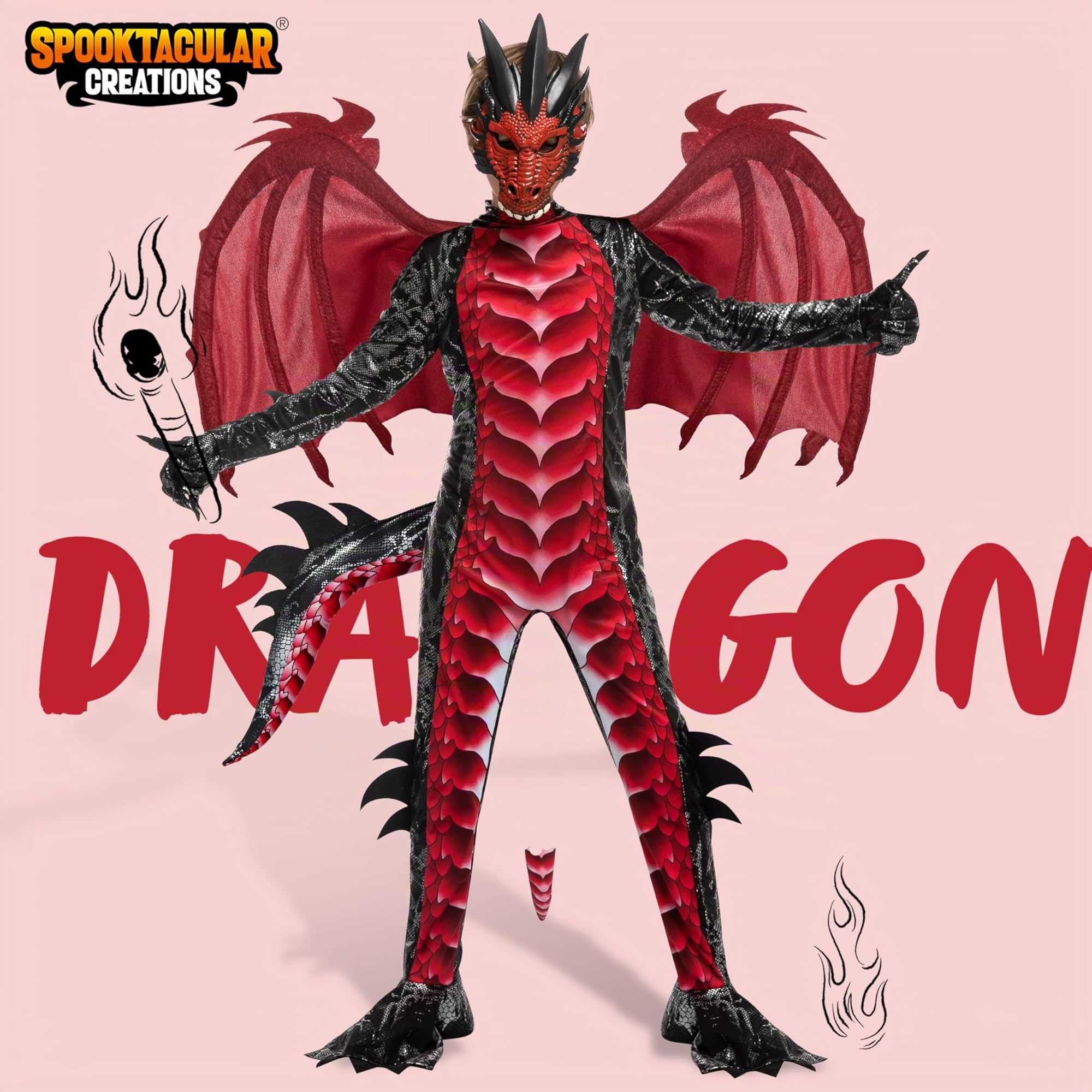 Spooktacular Creations Disfraz de dragón para niños, alas y máscara de dragón, traje de Halloween, traje de dragón para niños para fiestas de Halloween, cosplay